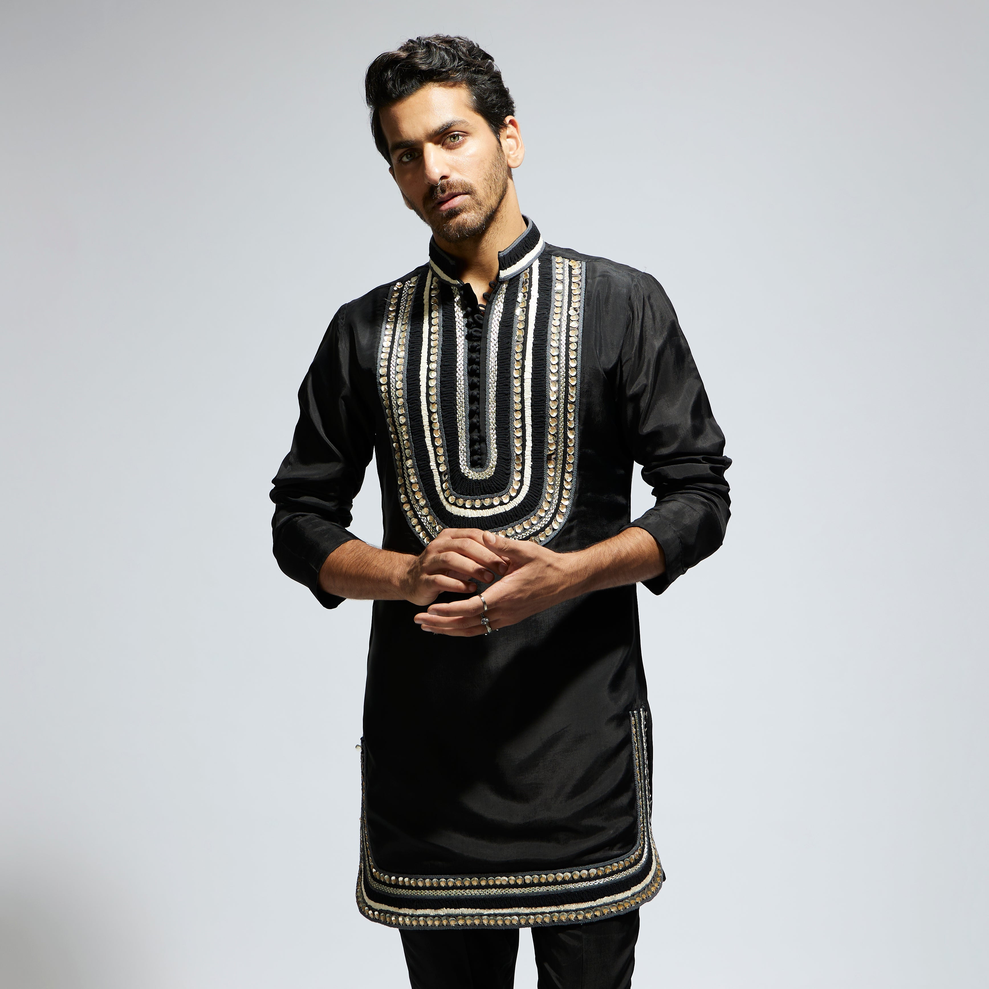 SAMSARA: BLACK THREADWORK YOKE EMBROIDERED KURTA WITH PANTS