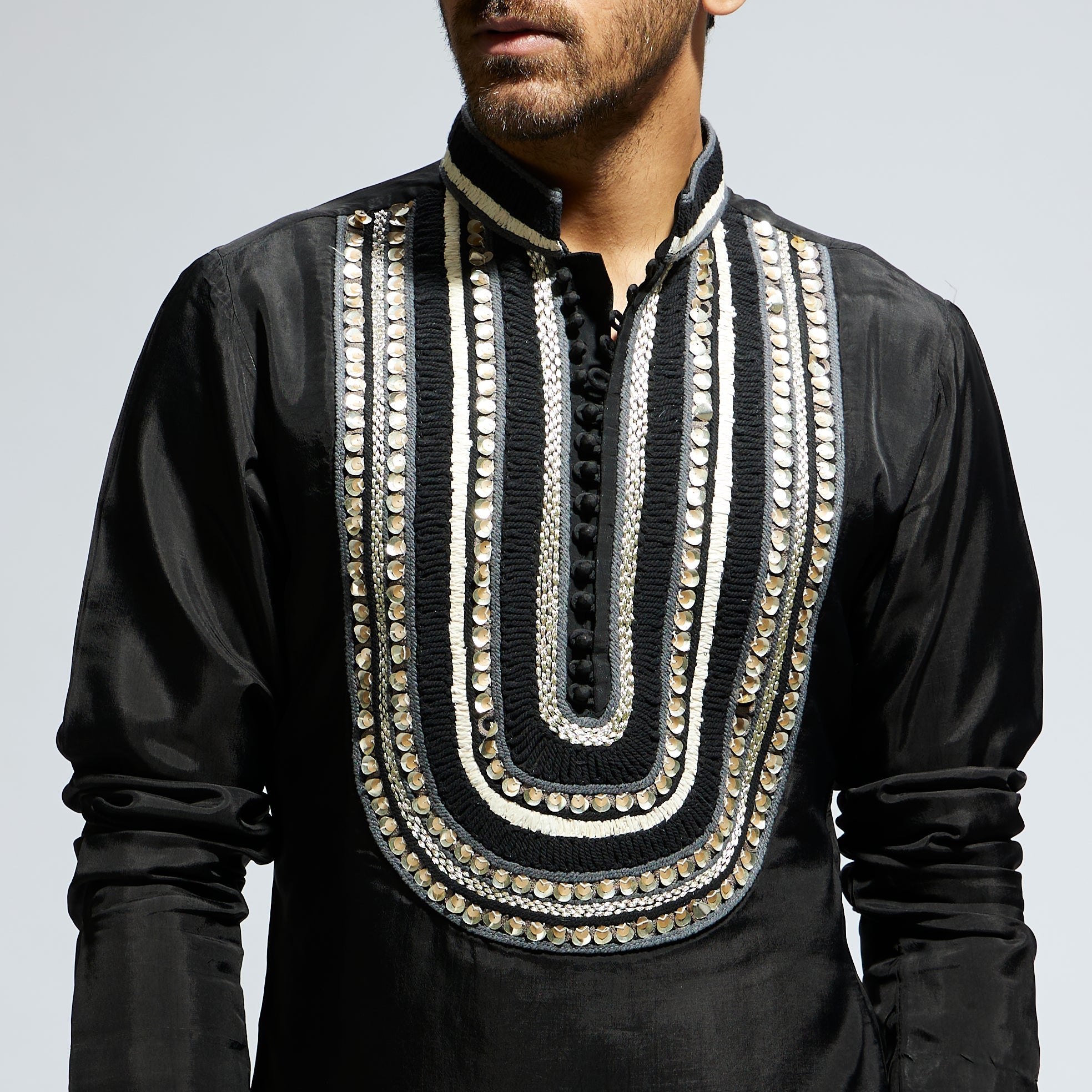 SAMSARA: BLACK THREADWORK YOKE EMBROIDERED KURTA WITH PANTS