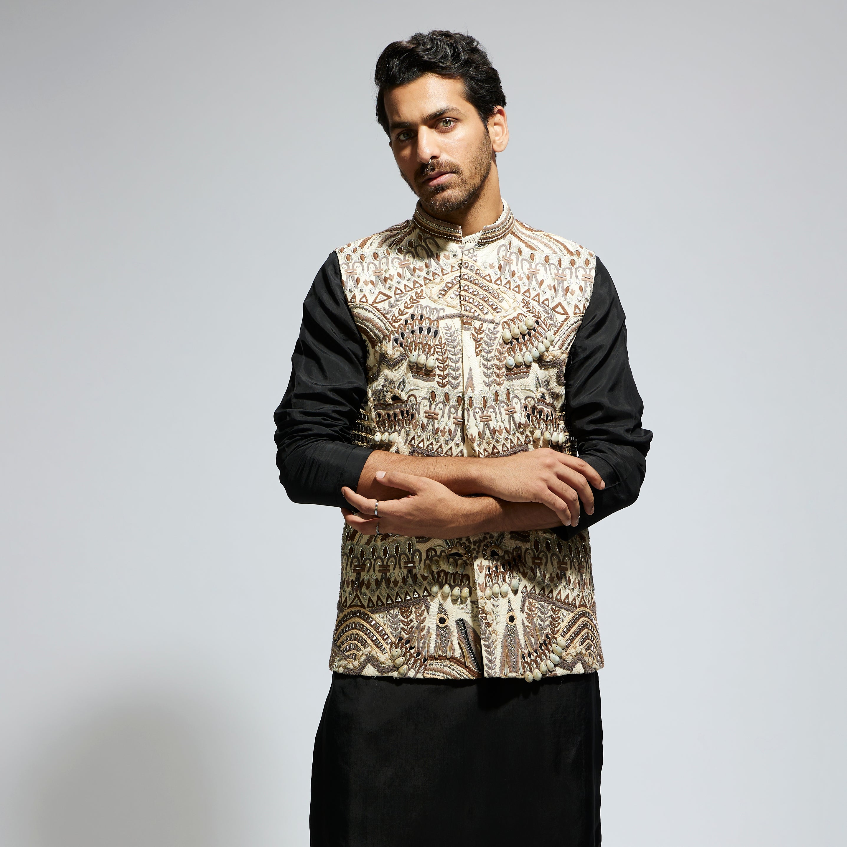 SAMSARA: IVORY ABSTRACT EMBROIDERED BUNDI WITH KURTA AND PANTS