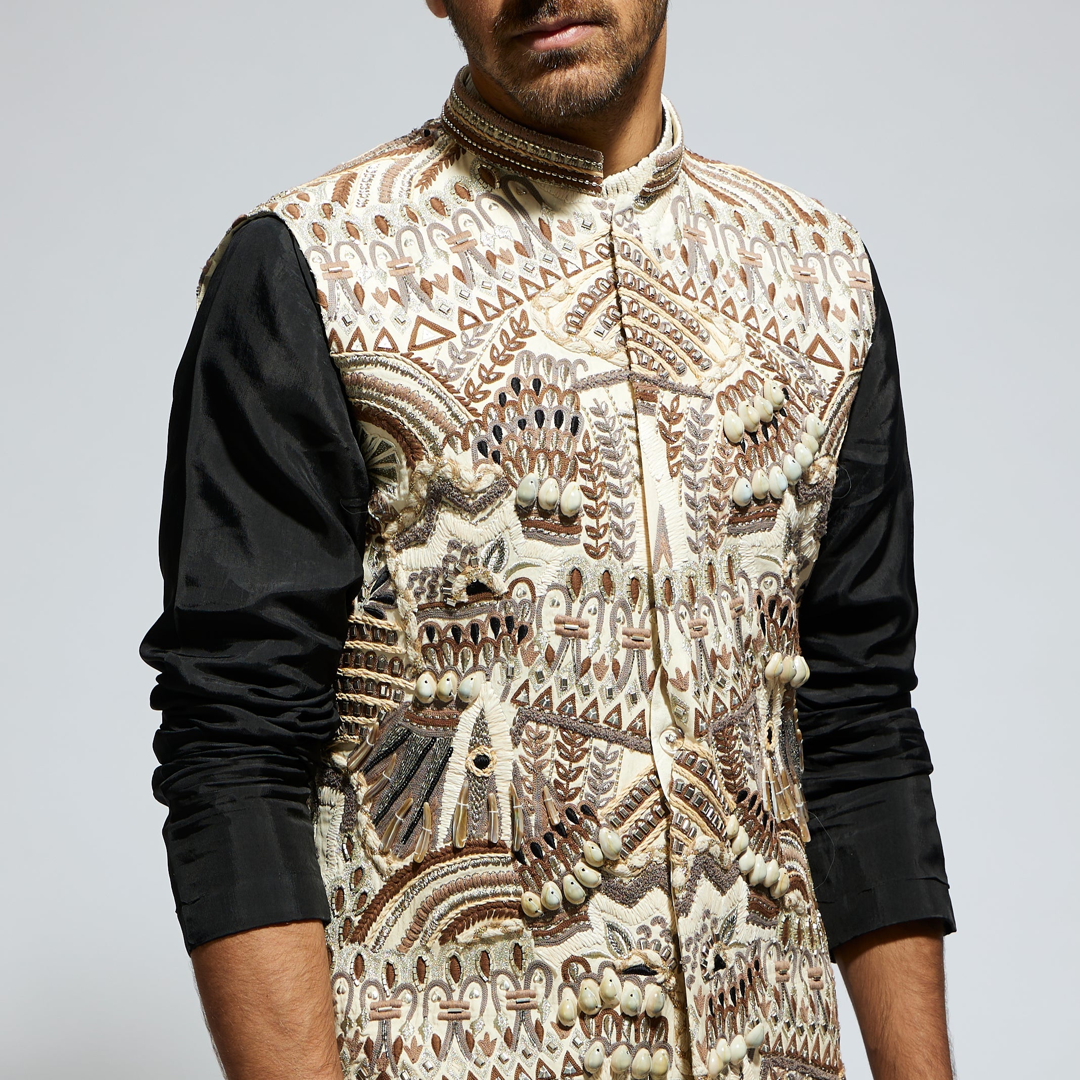 SAMSARA: IVORY ABSTRACT EMBROIDERED BUNDI WITH KURTA AND PANTS