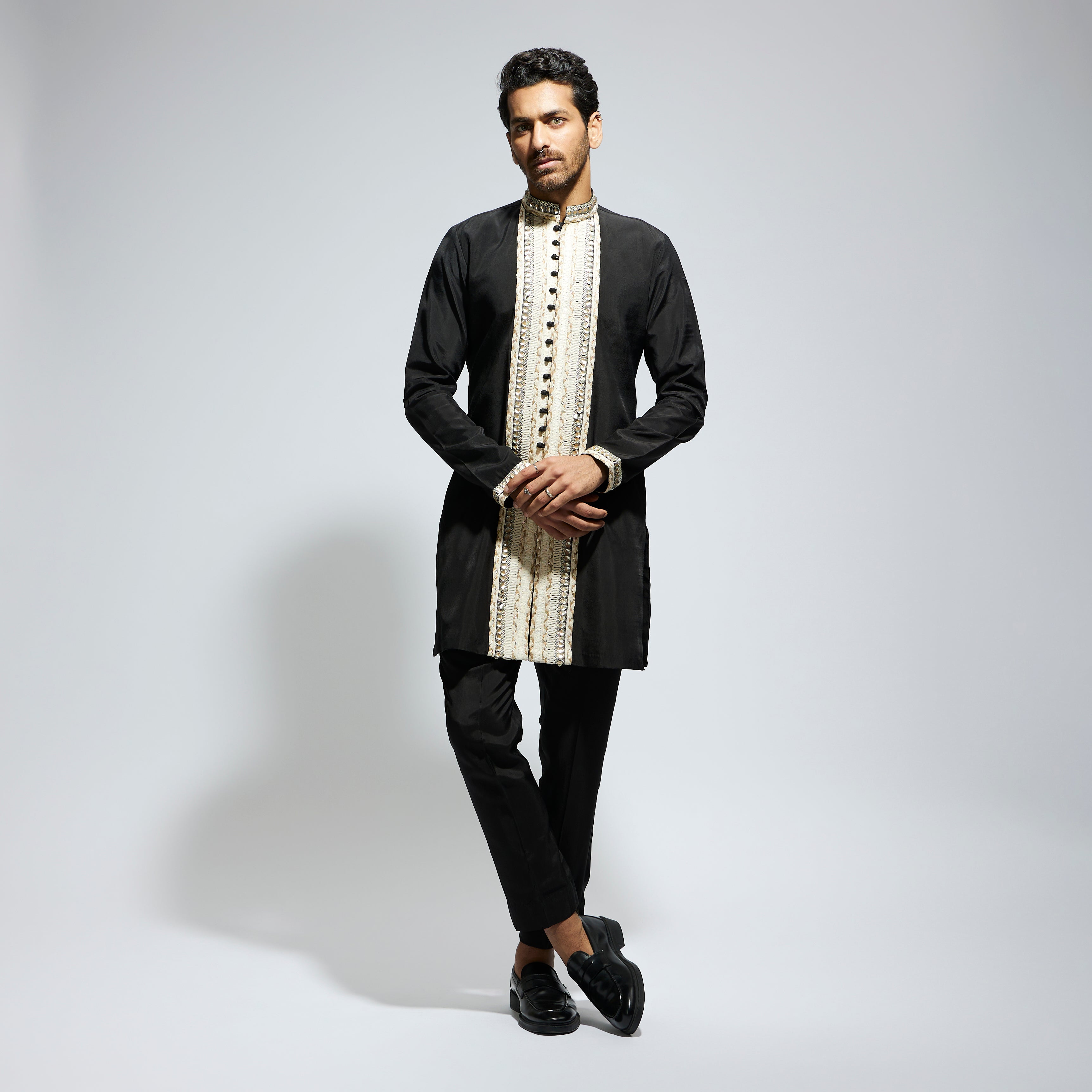 SAMSARA: BLACK FRONT OPEN THREADWORK EMBROIDERED KURTA PAIRED WITH PANTS