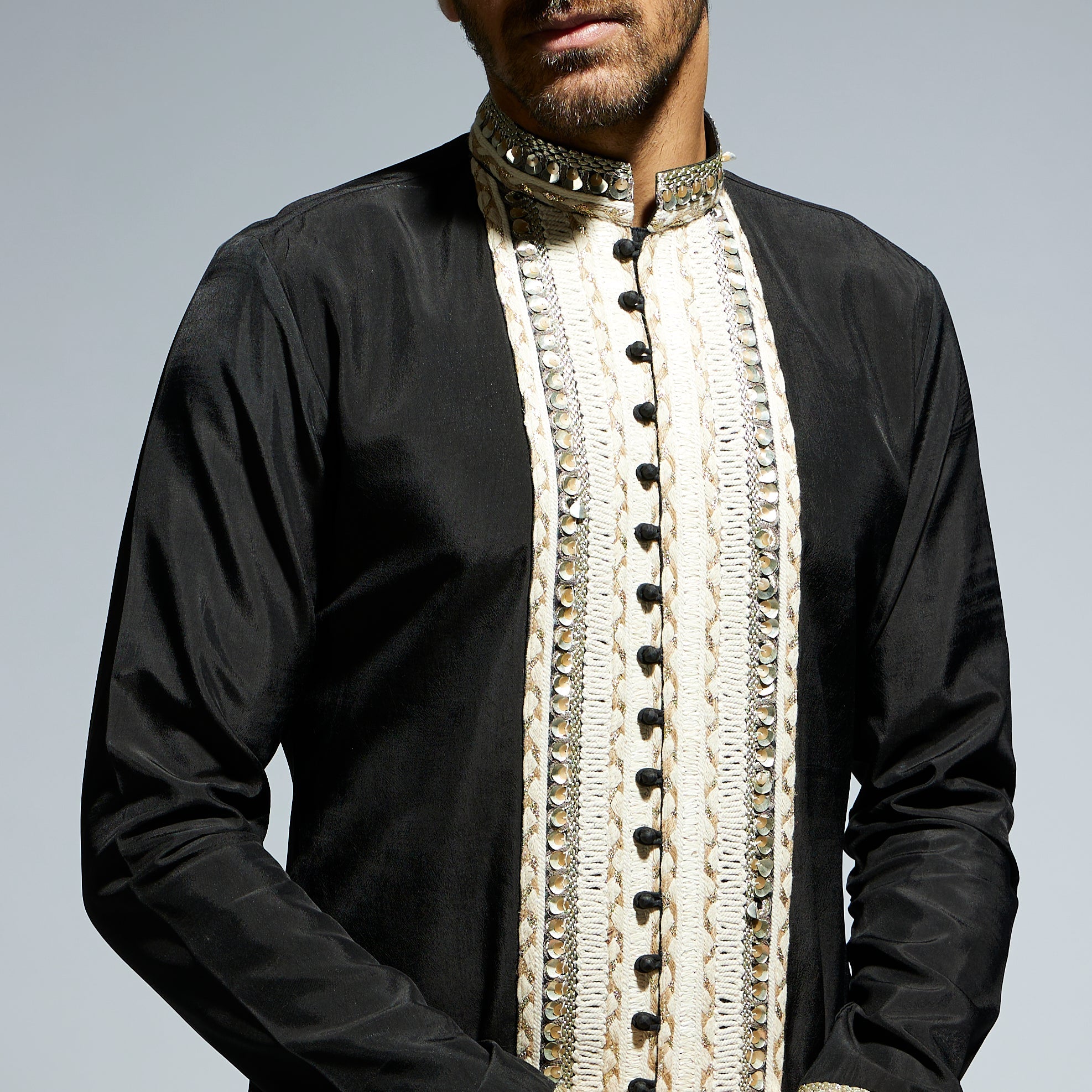 SAMSARA: BLACK FRONT OPEN THREADWORK EMBROIDERED KURTA PAIRED WITH PANTS