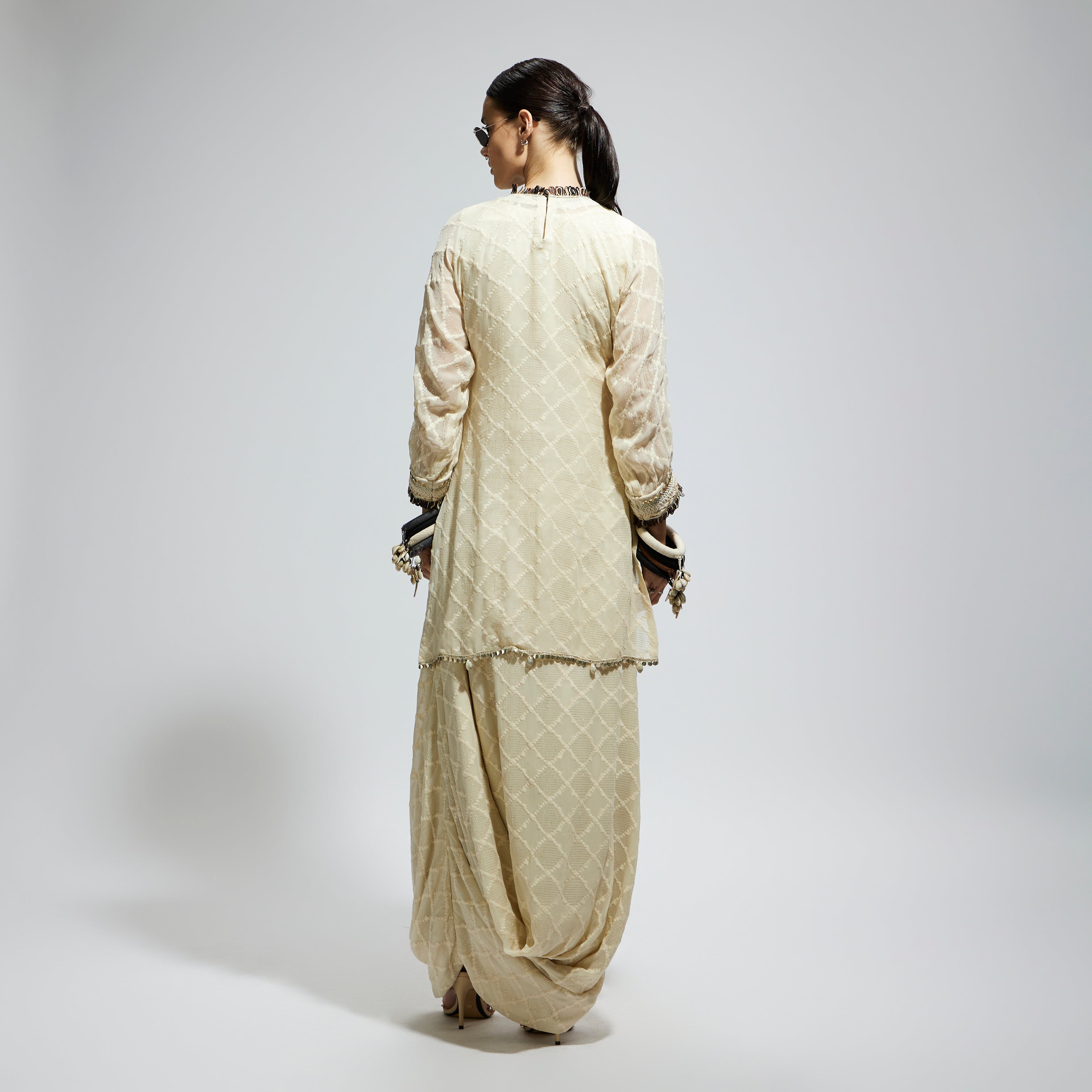 SAMSARA: IVORY AZTEC YOKE EMBROIDERED TUNIC PAIRED WITH DRAPE SKIRT