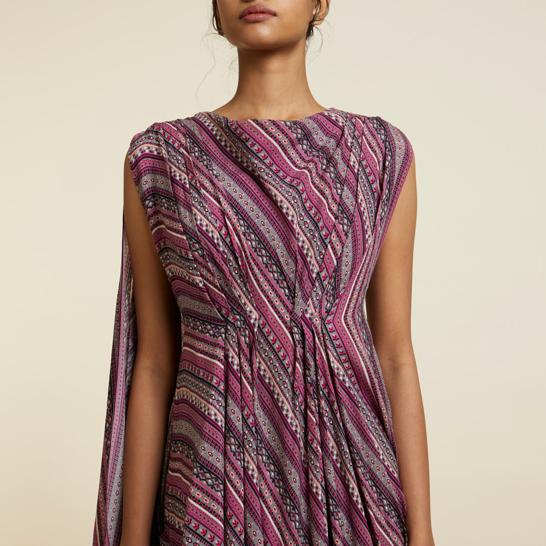 MERLOT BOHO STRIPE PRINT CROP TOP WITH ATTACHED DRAPE WITH PANTS