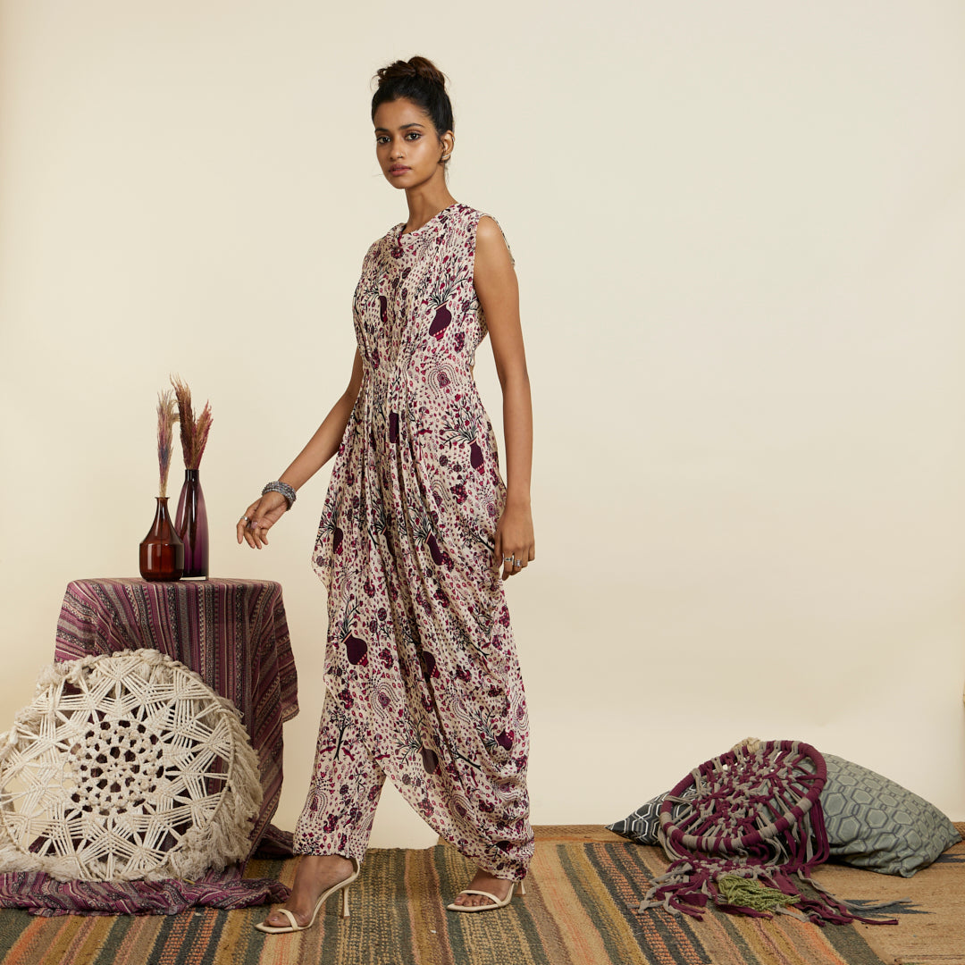 SAFAR MERLOT JAAL PRINT CROP TOP WITH ATTACHED DRAPE WITH PANTS