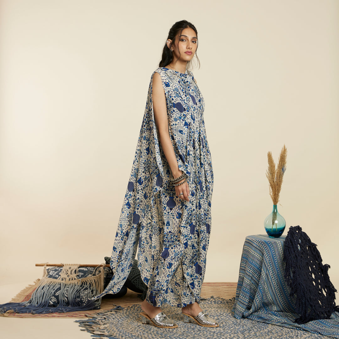 SAFAR BLUE JAAL PRINT CROP TOP WITH ATTACHED DRAPE WITH PANTS