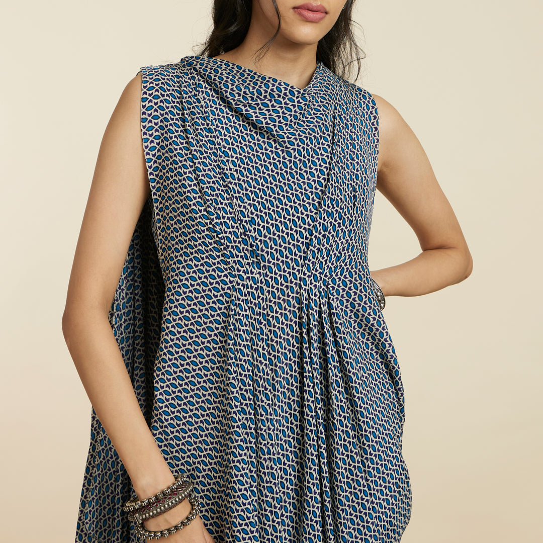 BLUE GEOMETRIC PRINT CROP TOP WITH ATTACHED DRAPE WITH PANTS