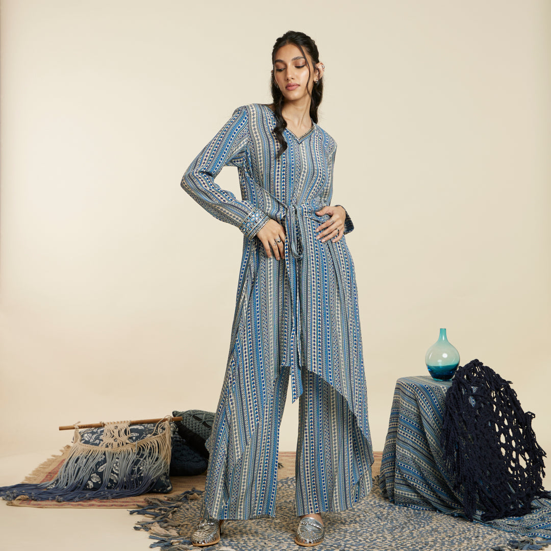 BLUE BOHO STRIPE FRONT TIE UP TUNIC SET