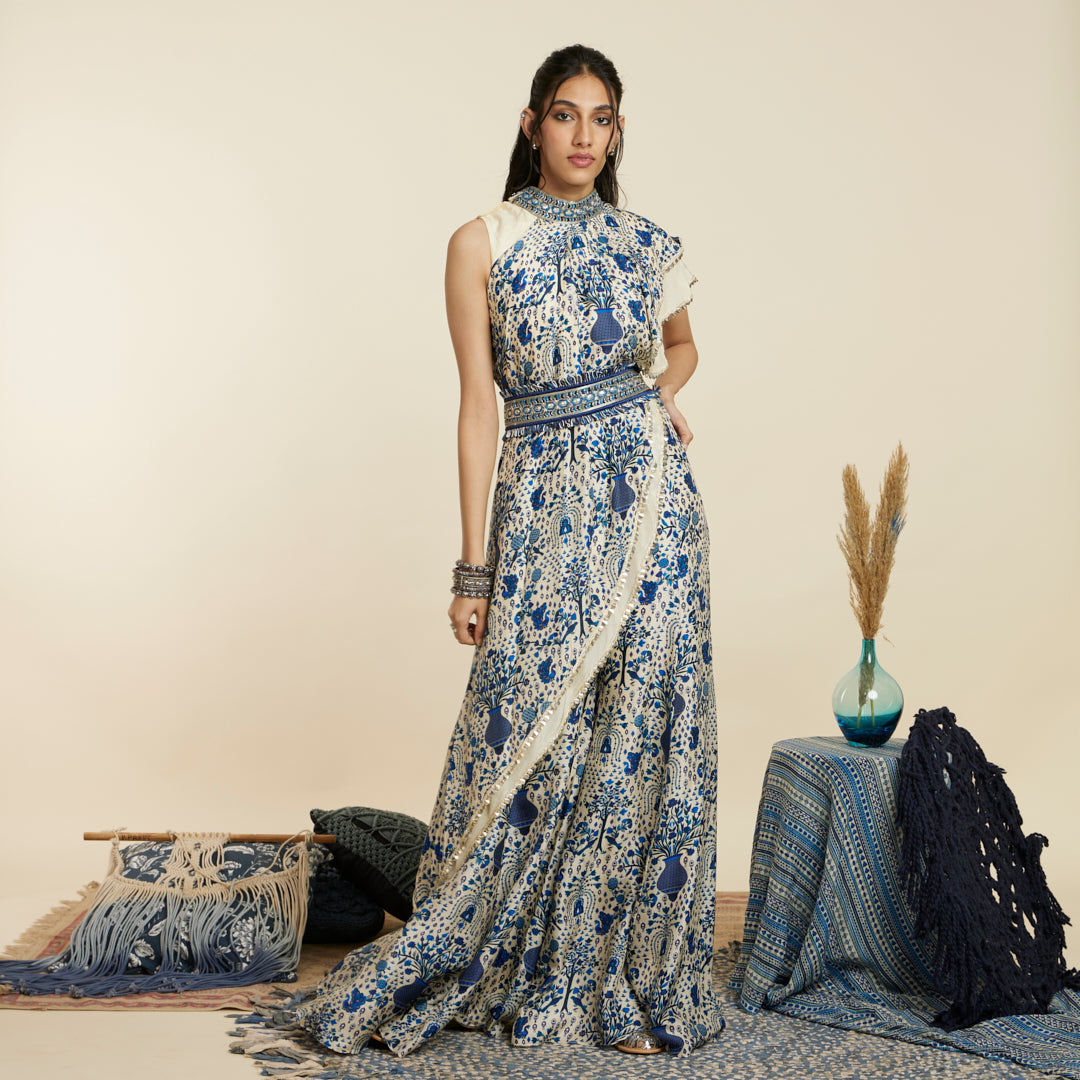 SAFAR BLUE JAAL CROP TOP ATTACHED DRAPE WITH SHARARA PANTS