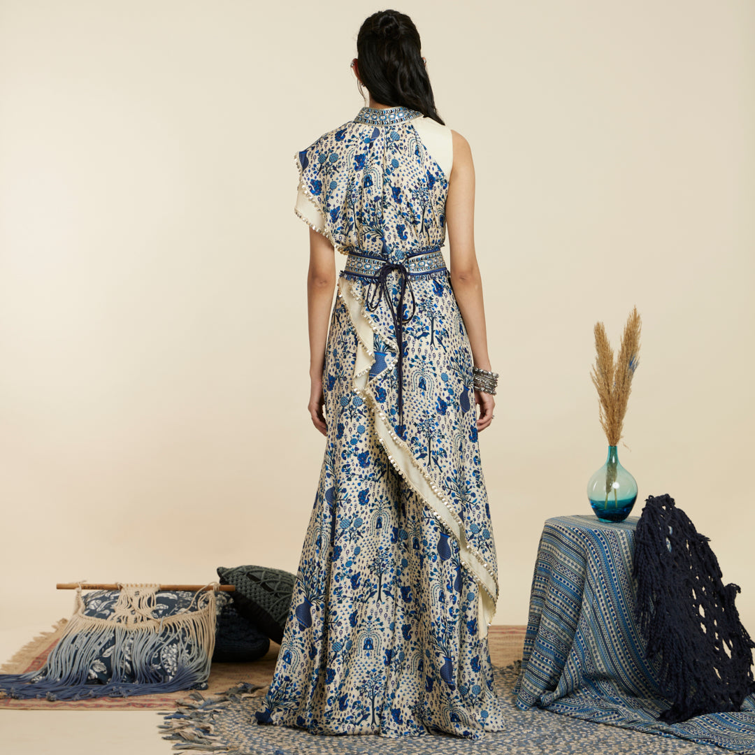 SAFAR BLUE JAAL CROP TOP ATTACHED DRAPE WITH SHARARA PANTS
