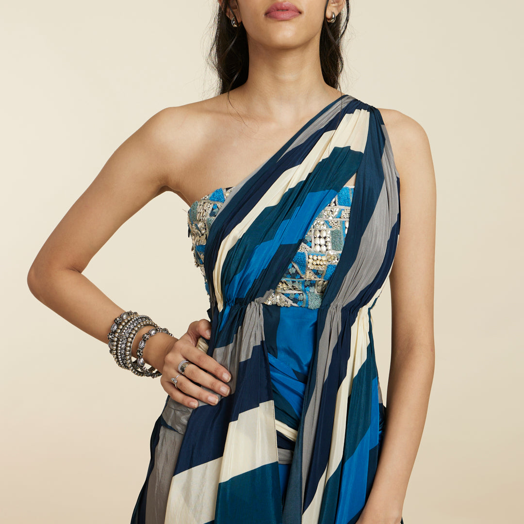 Designer Midnight blue drape saree gown with handwork: Perfect Panache