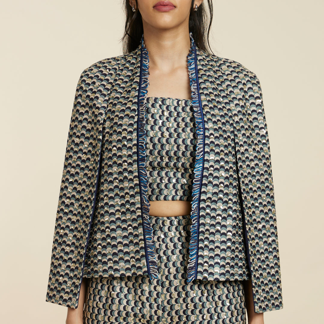 BLUE EMBELLISHED SCALLOP NOOR JACKET