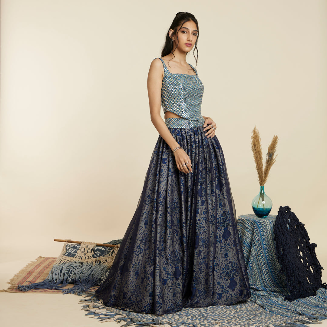 Bedazzle in this gorgeous mukaish hand embellished bustier with patola box  pleated skirt & organza dupatta lehenga and amp up your festiv... |  Instagram