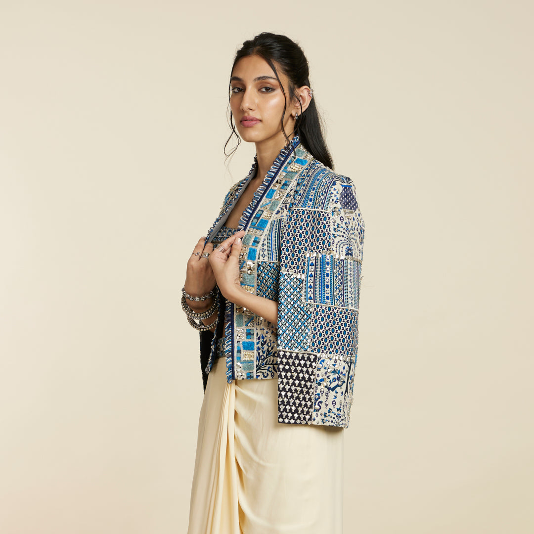 SAFAR: BLUE PATCHWORK NOOR JACKET