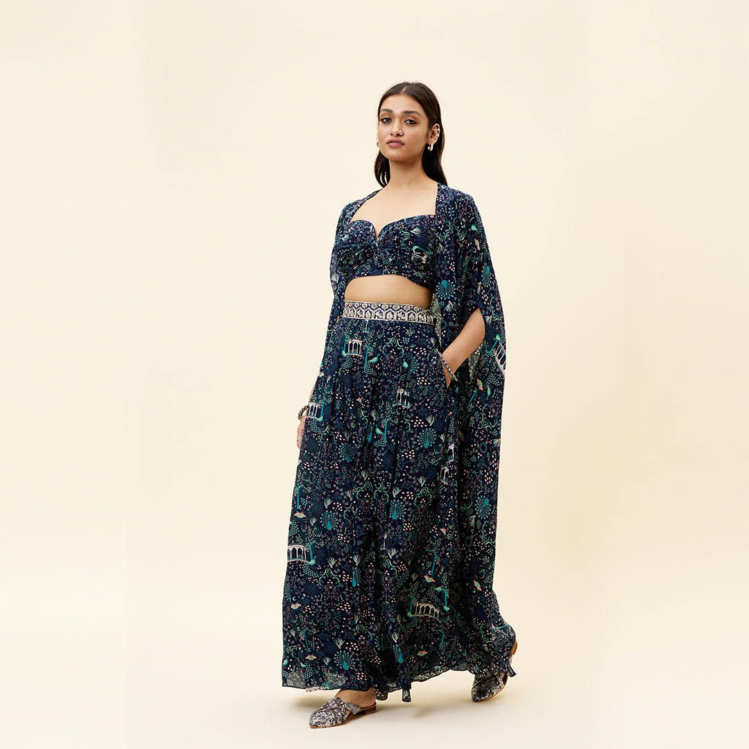 BLUE MOR JAAL PRINT BOX PLEATED PANTS WITH BIKINI BUSTIER AND CAPE