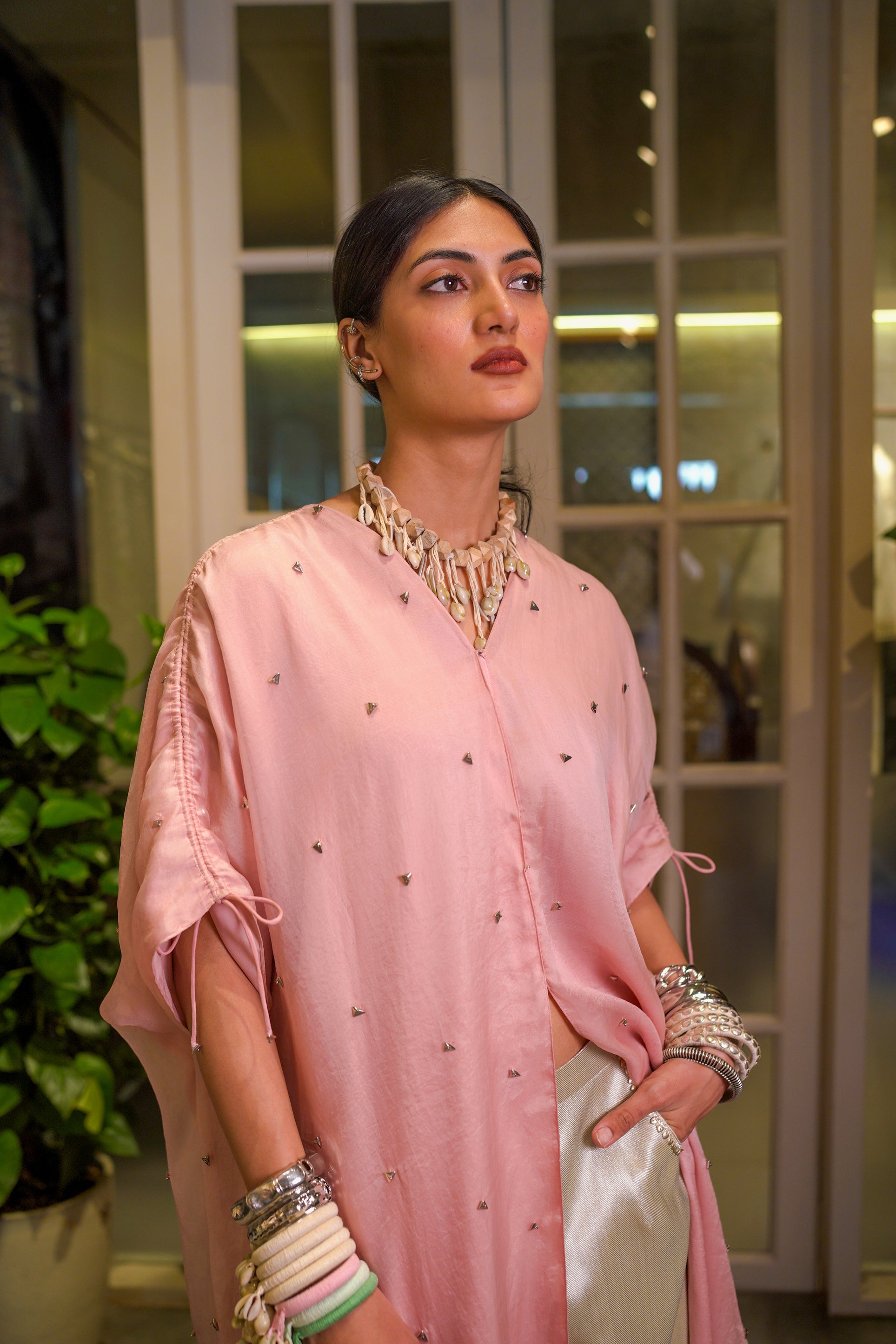 ROSE STUDDED CAPE WITH METALLIC PANT