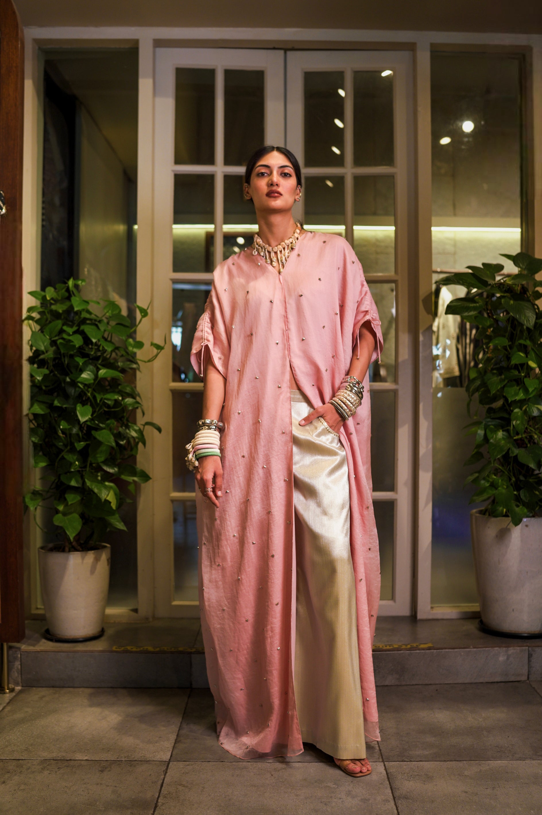 ROSE STUDDED CAPE WITH METALLIC PANT