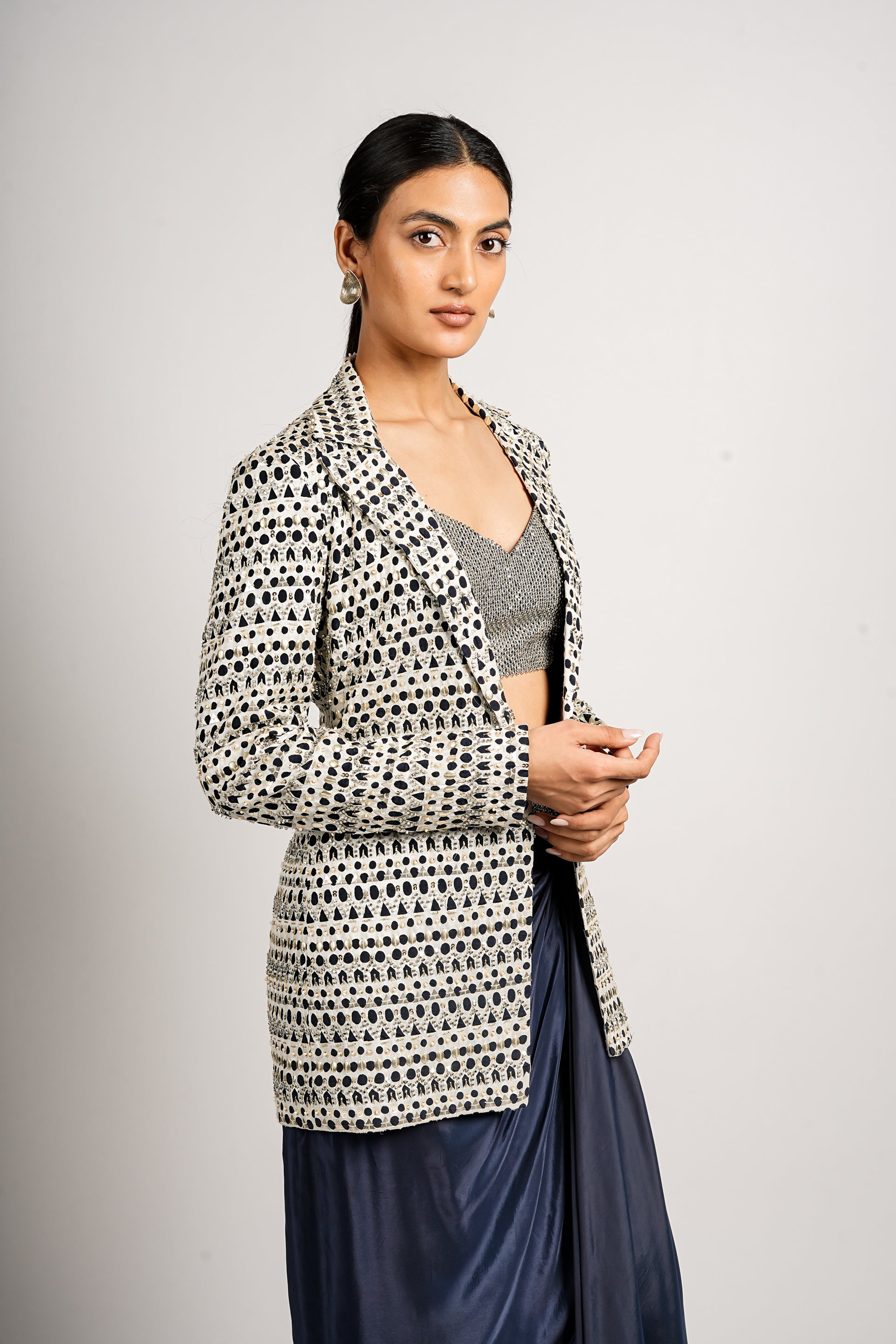 ZEHNA CUTWORK JACKET WITH DRAPE SKIRT