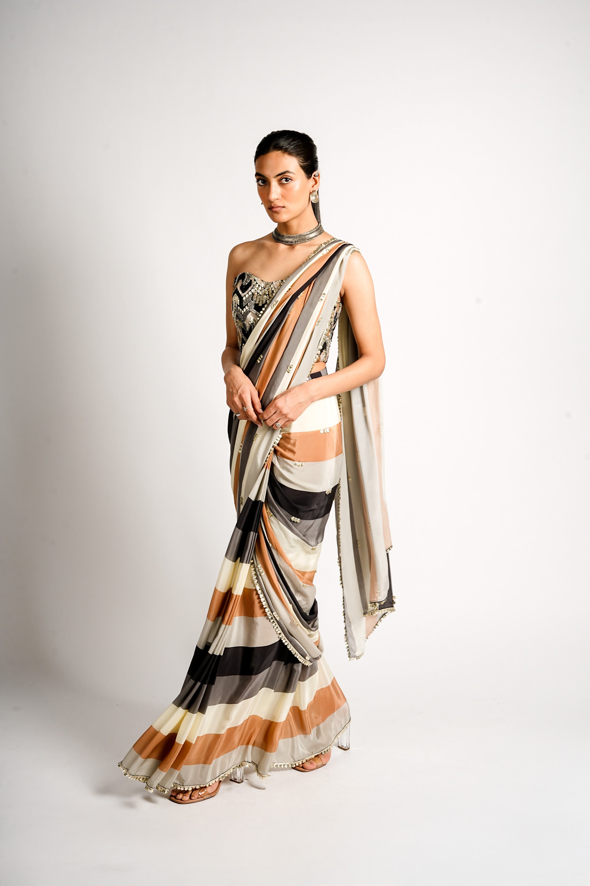 AARZA STRIPED SAREE SET WITH EMBELLISHED CORSET