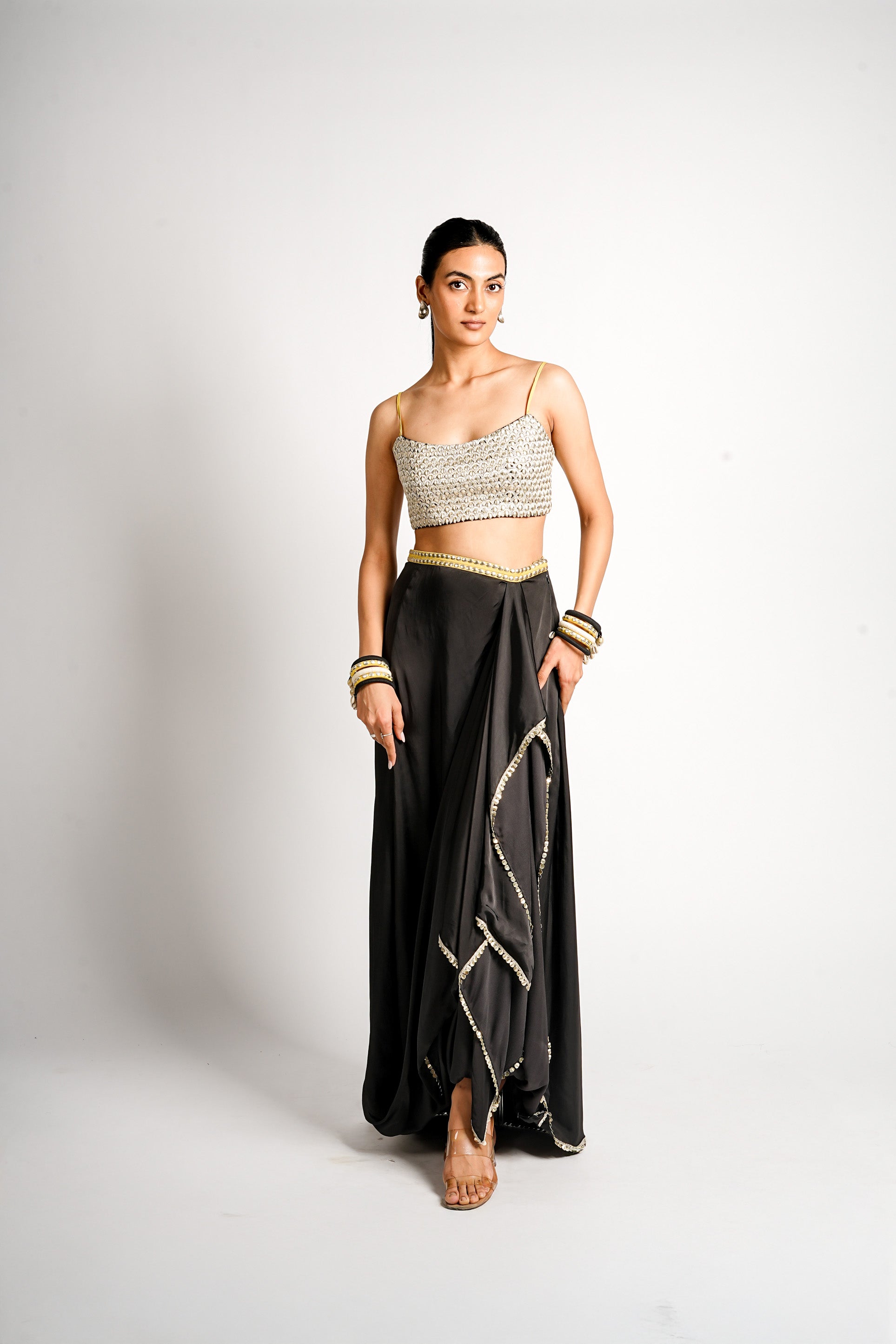 NAYRA CAPE JACKET WITH DRAPE SKIRT AND EMBELLISHED BUSTIER