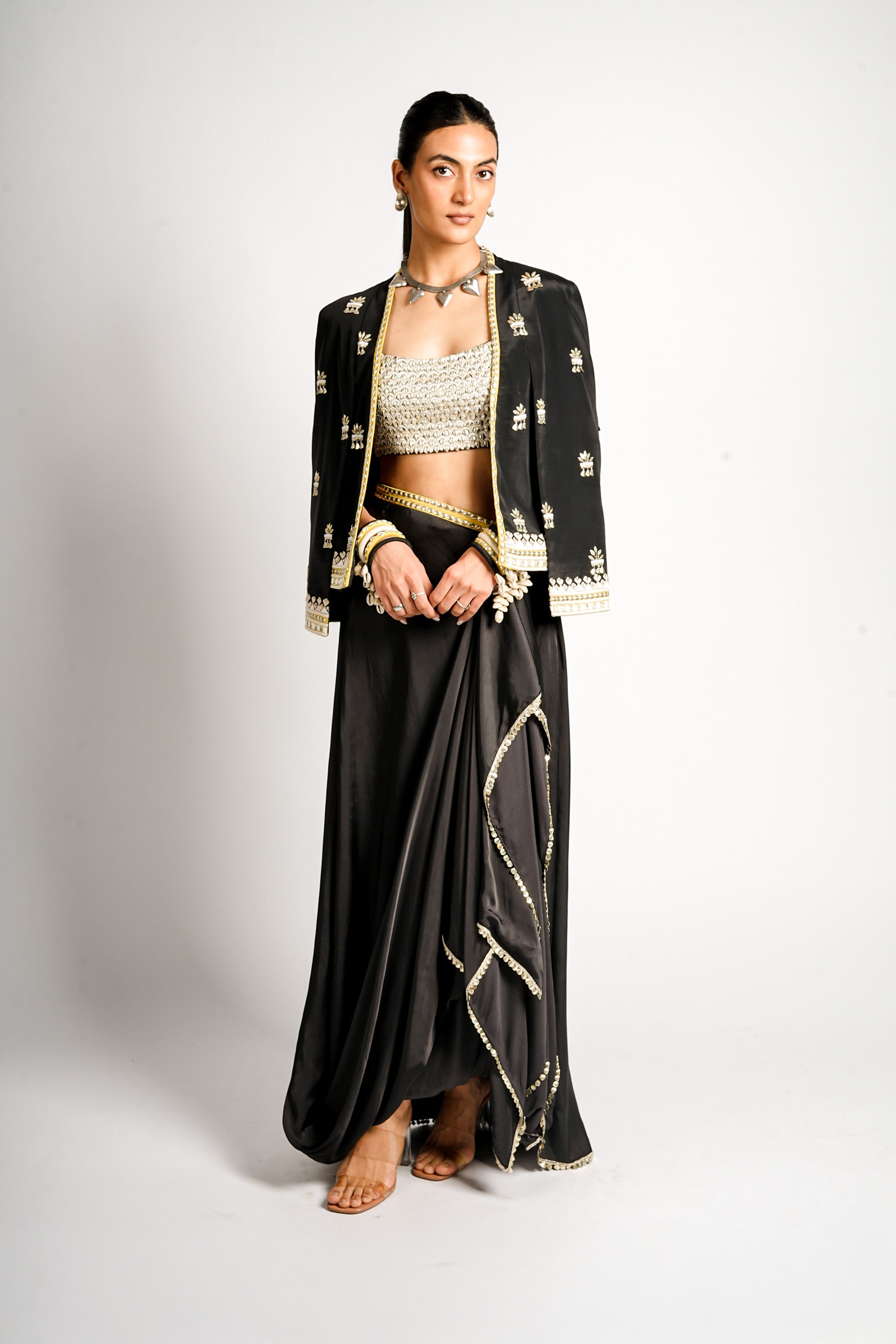 NAYRA CAPE JACKET WITH DRAPE SKIRT AND EMBELLISHED BUSTIER