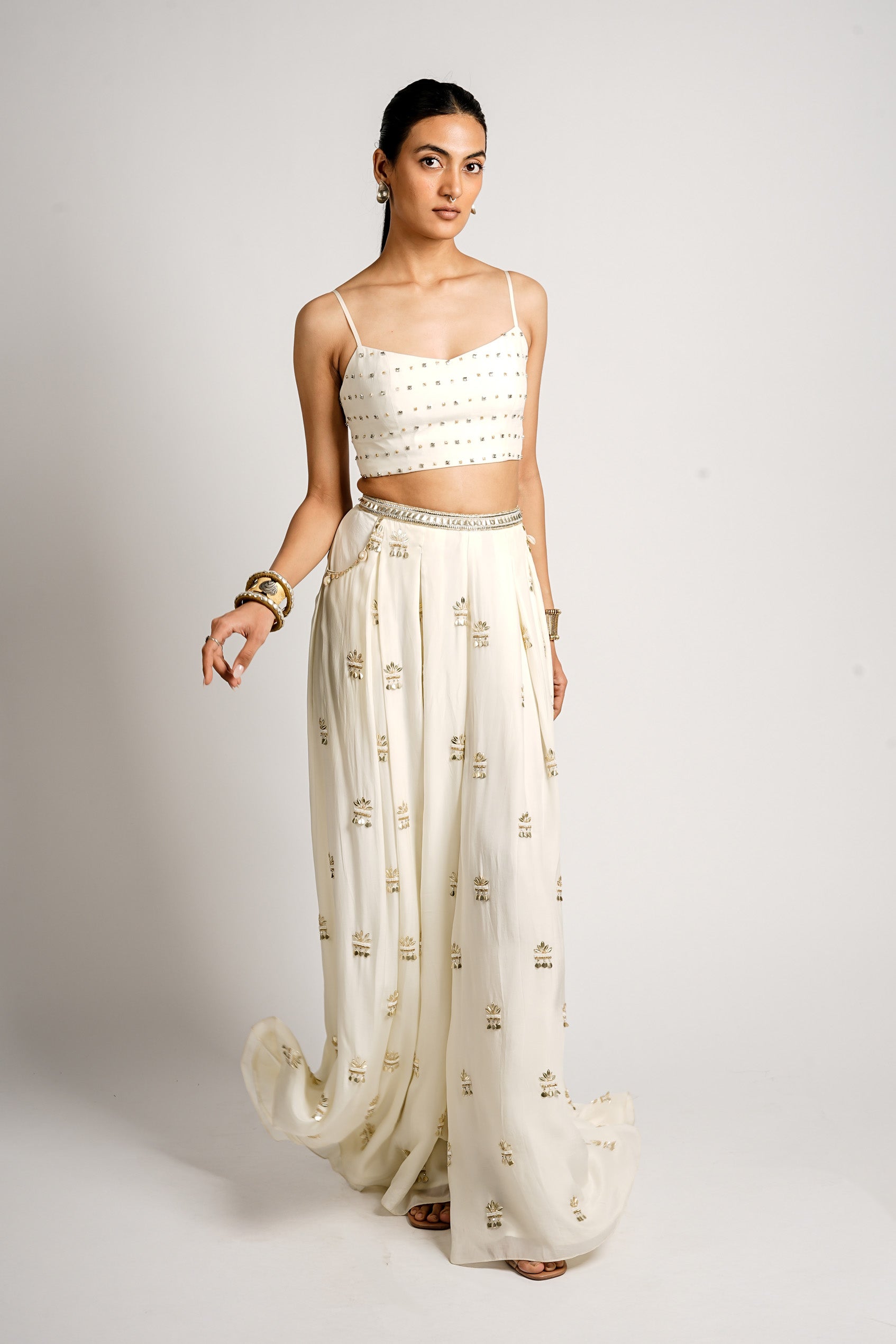 MEHRAAN EMBELLISHED CAPE JACKET WITH BUSTIER AND FLARED PANT