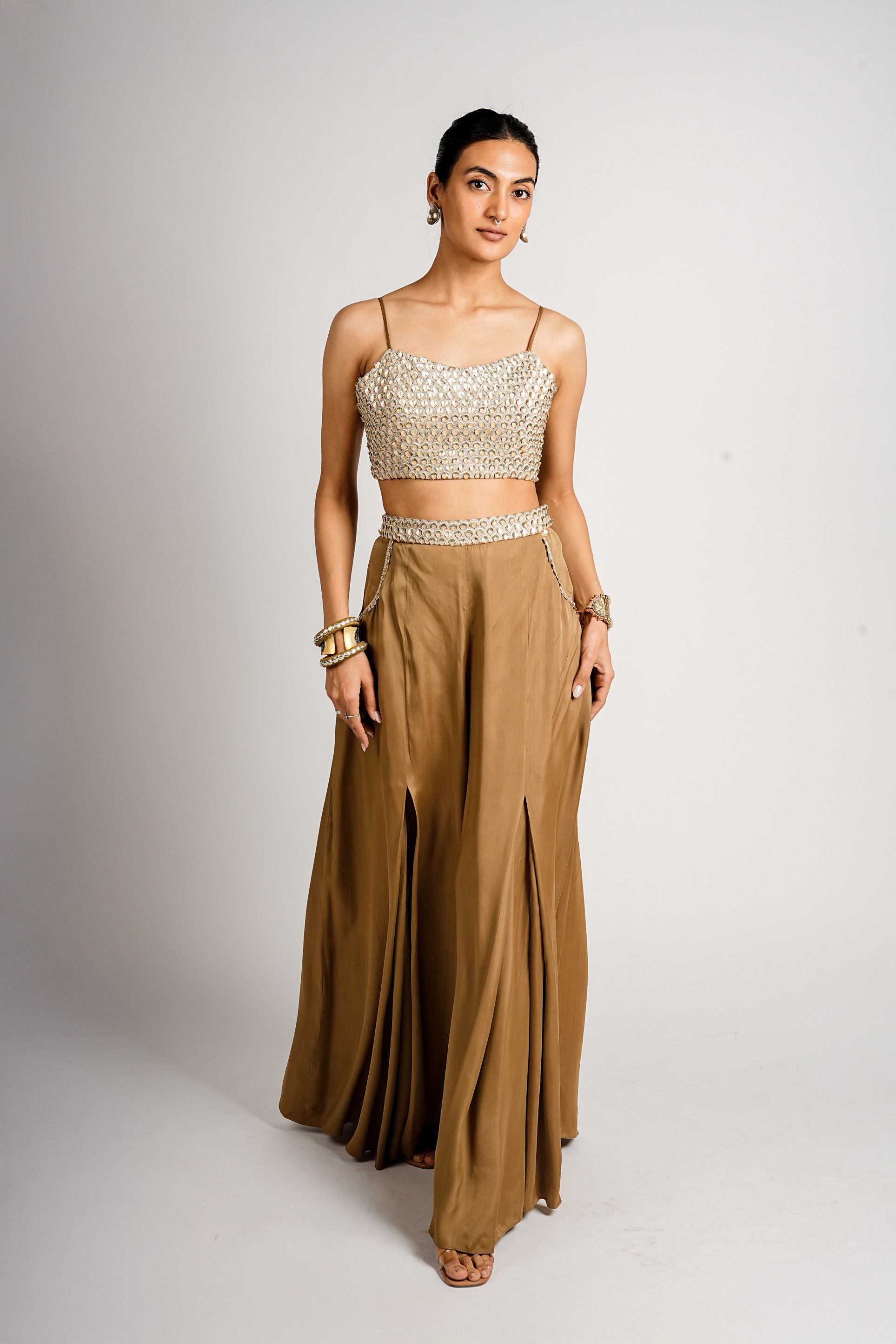 AURIC CAPE JACKET WITH PLEATED PANTS AND BUSTIER