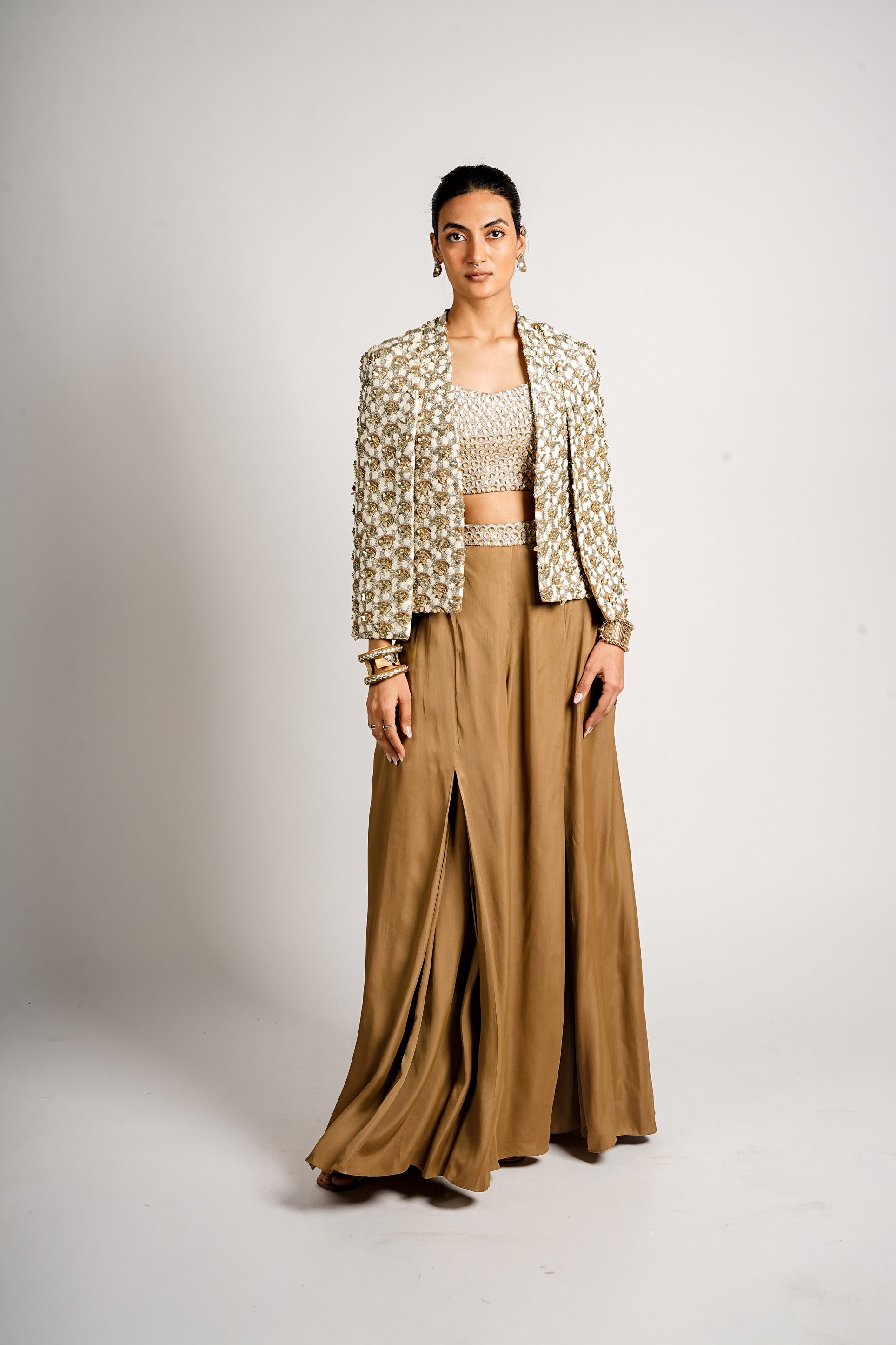 AURIC CAPE JACKET WITH PLEATED PANTS AND BUSTIER