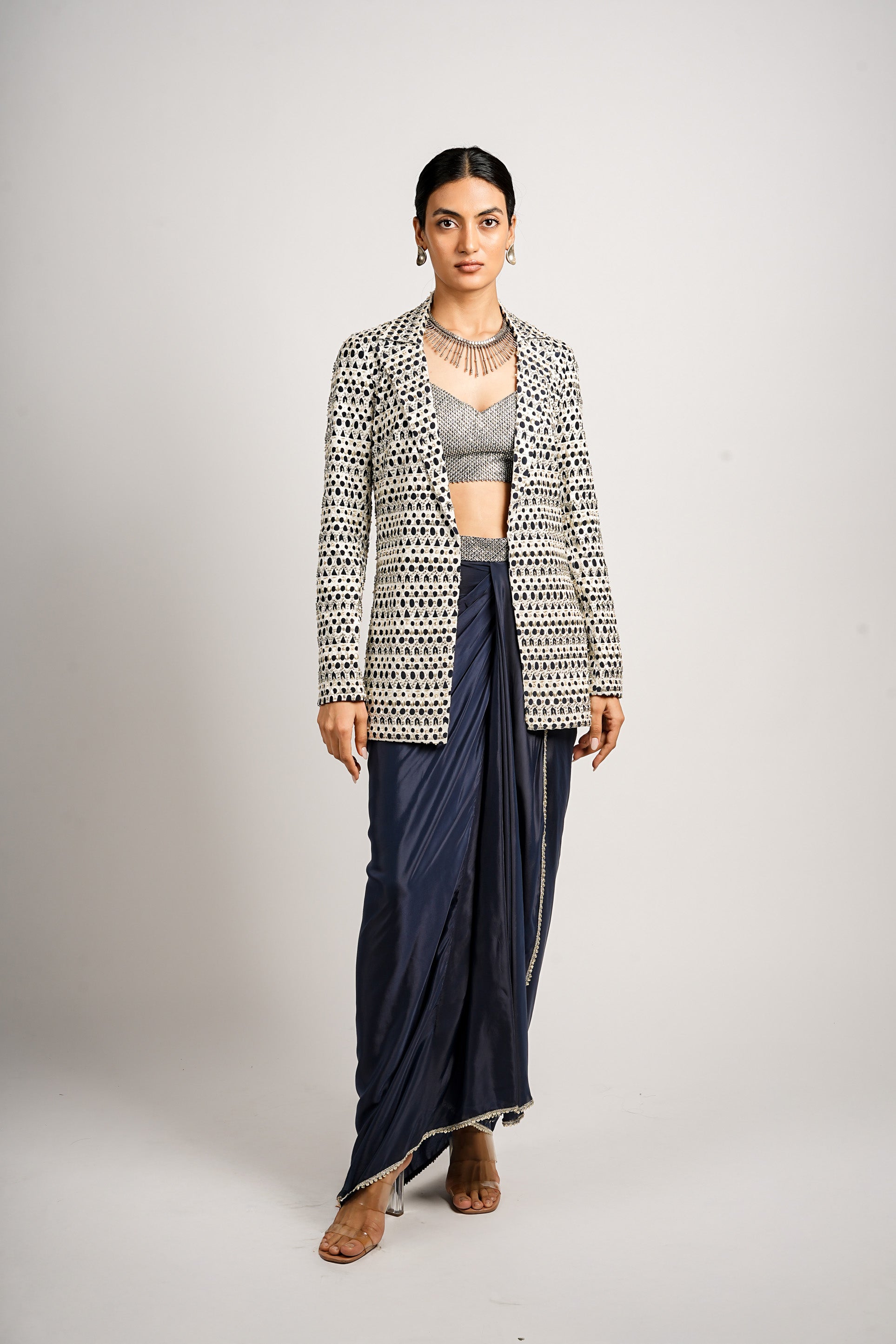 ZEHNA CUTWORK JACKET WITH DRAPE SKIRT