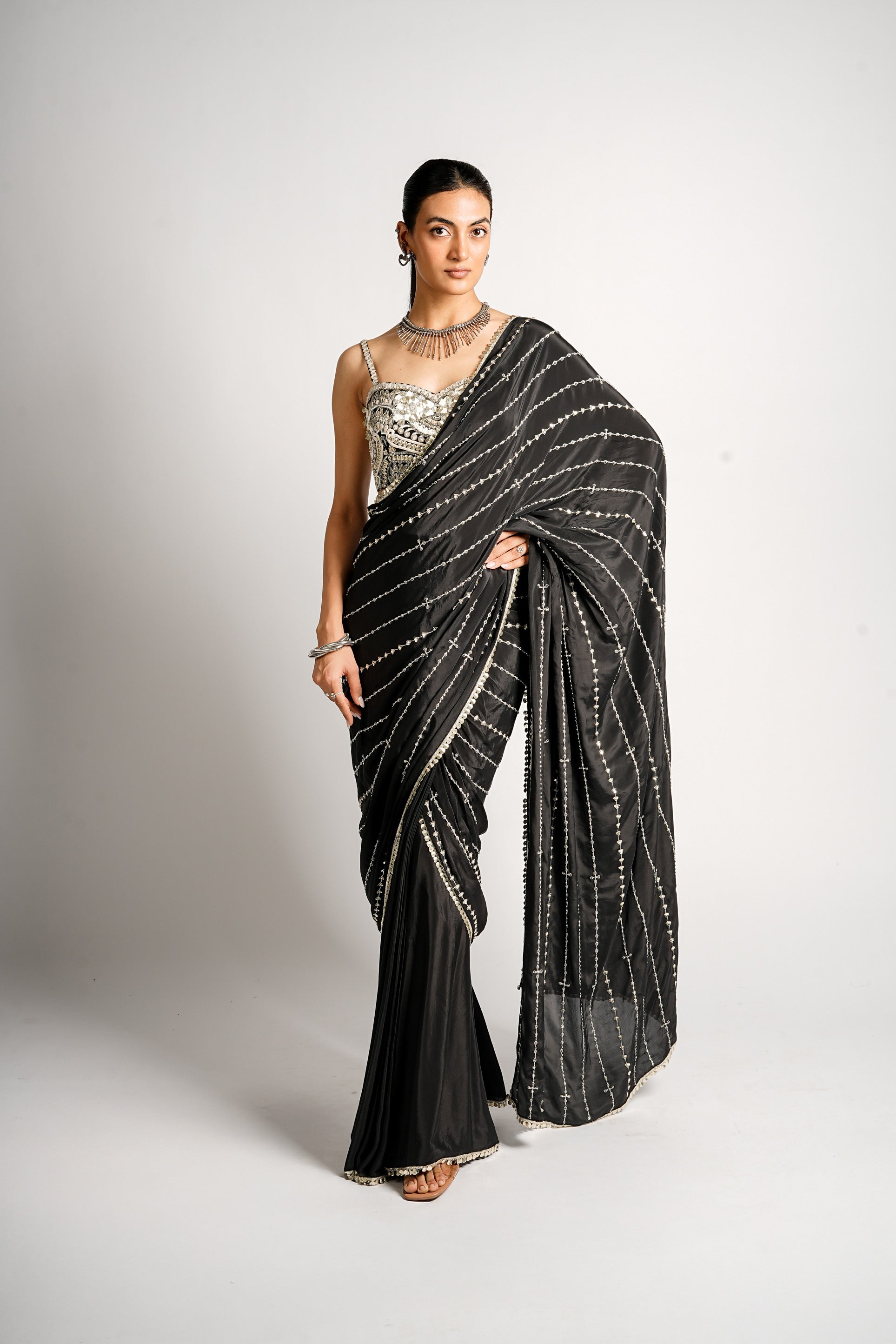 FARAH  DRAPED SAREE SET WITH EMBELLISHED BUSTIER