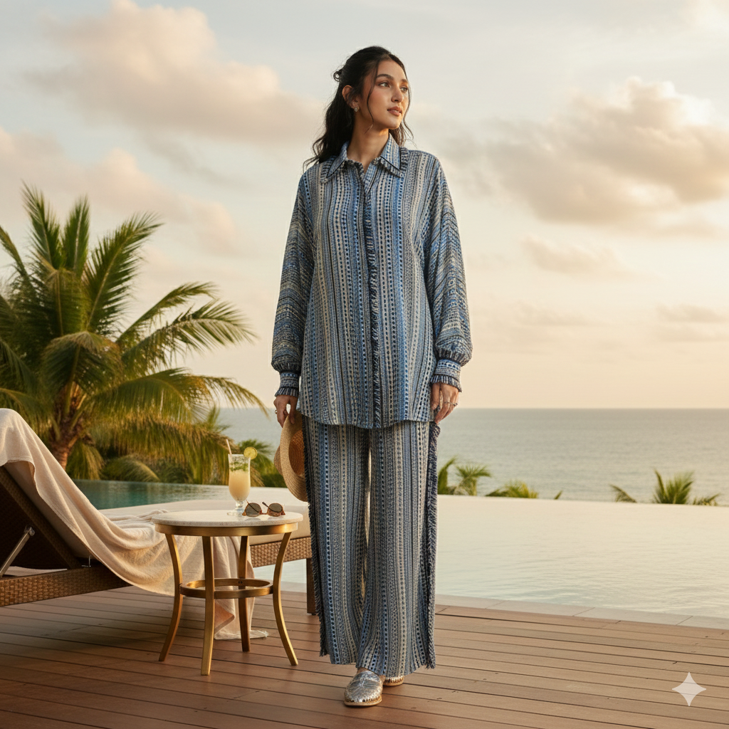 BLUE BOHO STRIPE PRINT OVERSIZED COORD SET