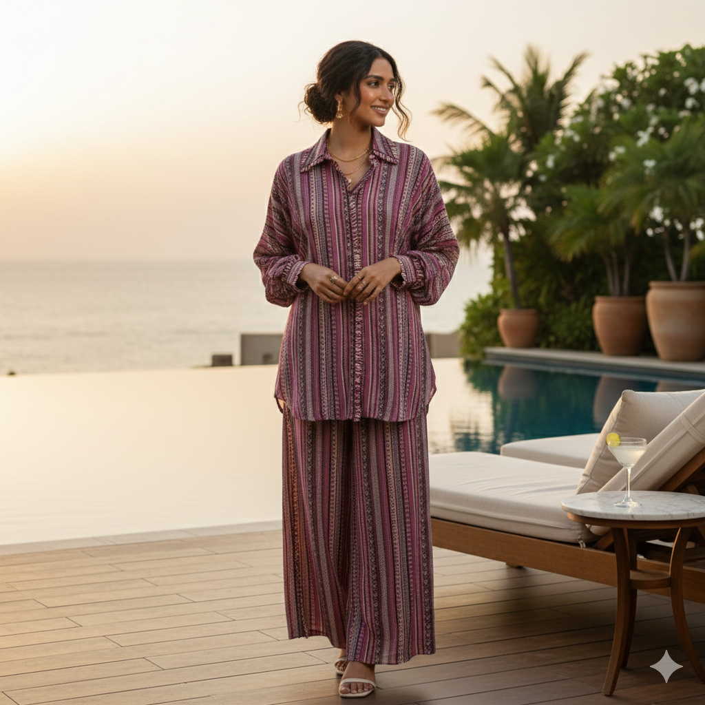 SAFAR: MERLOT BOHO STRIPE PRINT OVERSIZED COORD SET