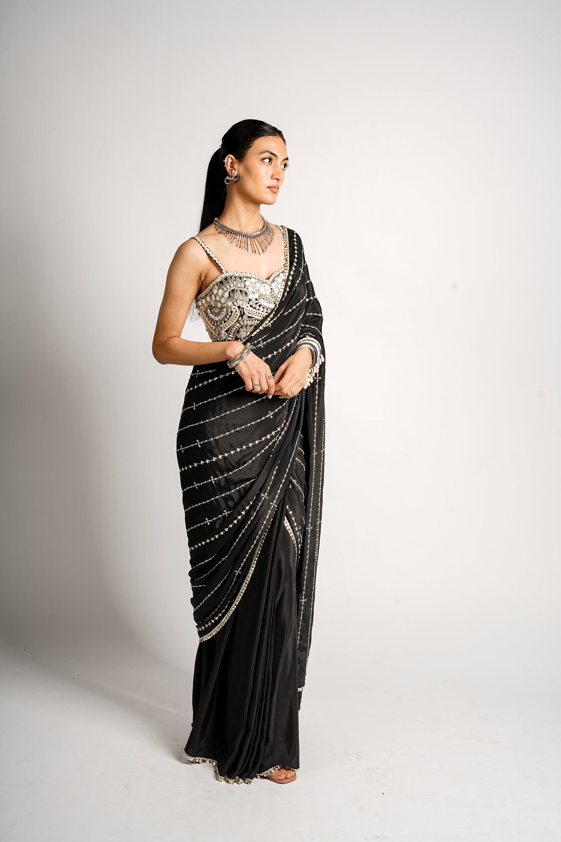FARAH  DRAPED SAREE SET WITH EMBELLISHED BUSTIER