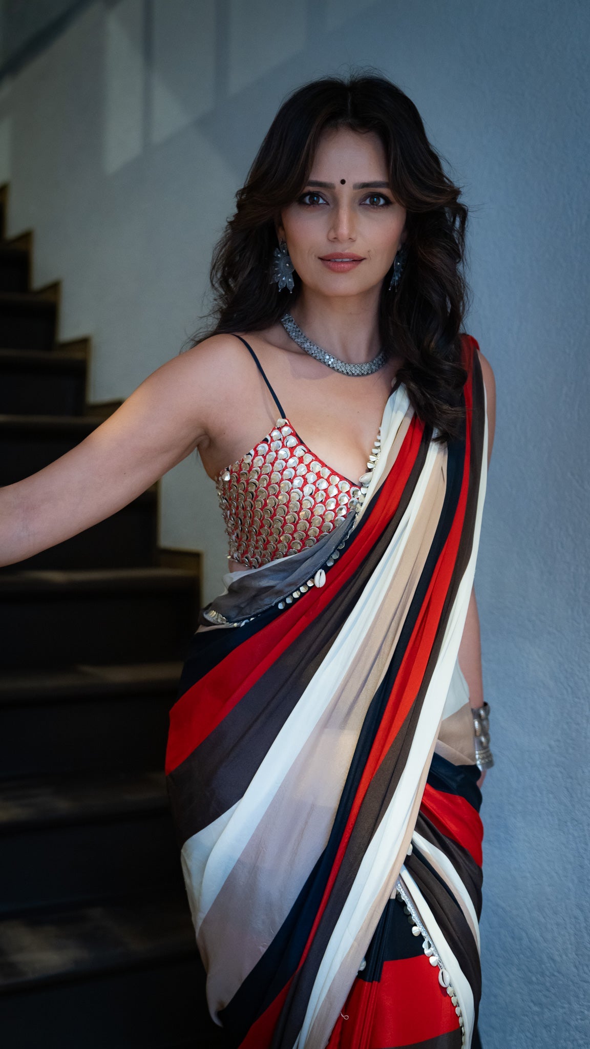 SAMSARA: STRIPE PRINT CASCADE SAREE WITH METALLIC SCALLOP BUSTIER