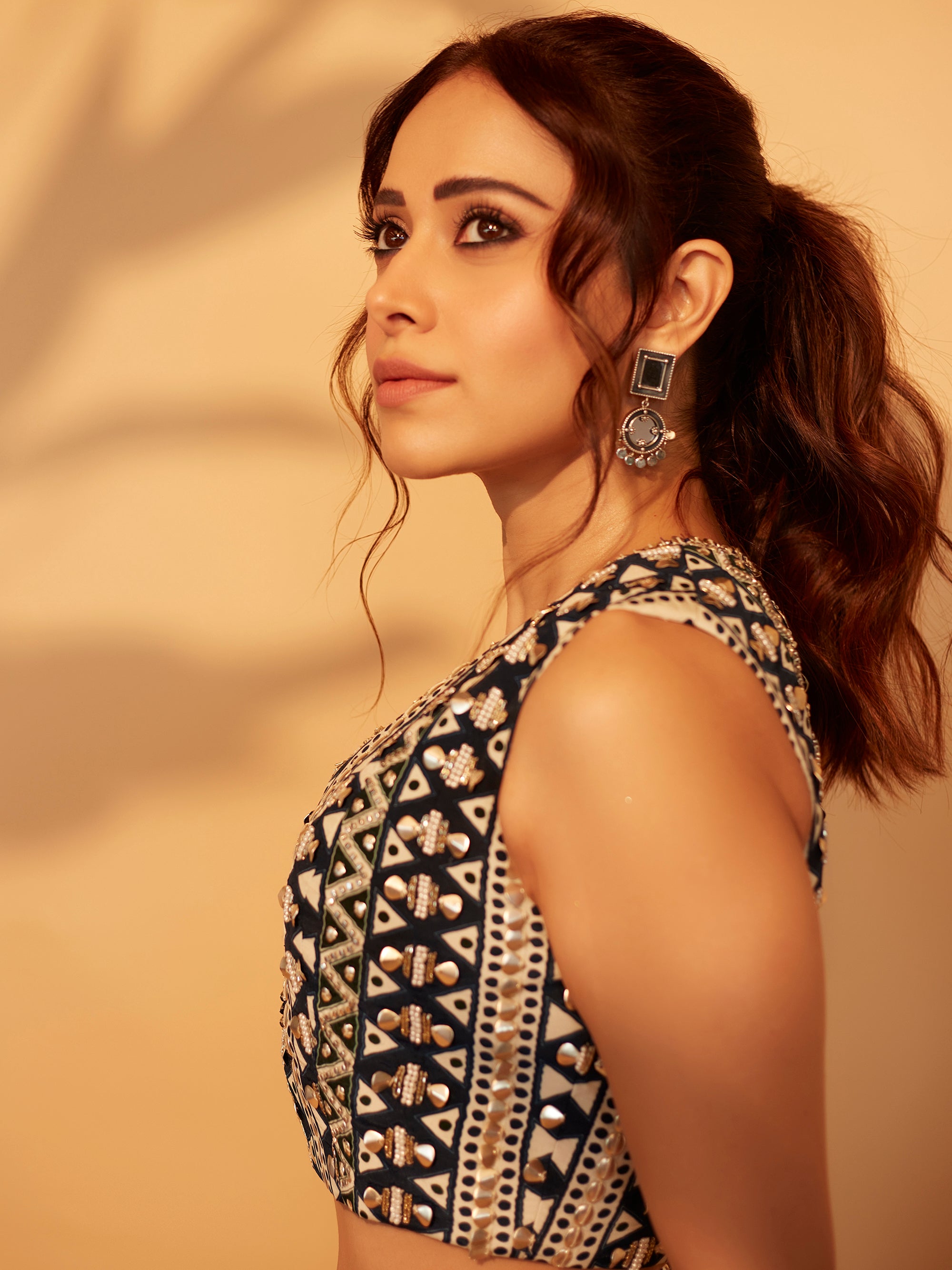 Nushrat Bharucha in EMBELLISHED CROP TOP AND PLEATED SKIRT SET