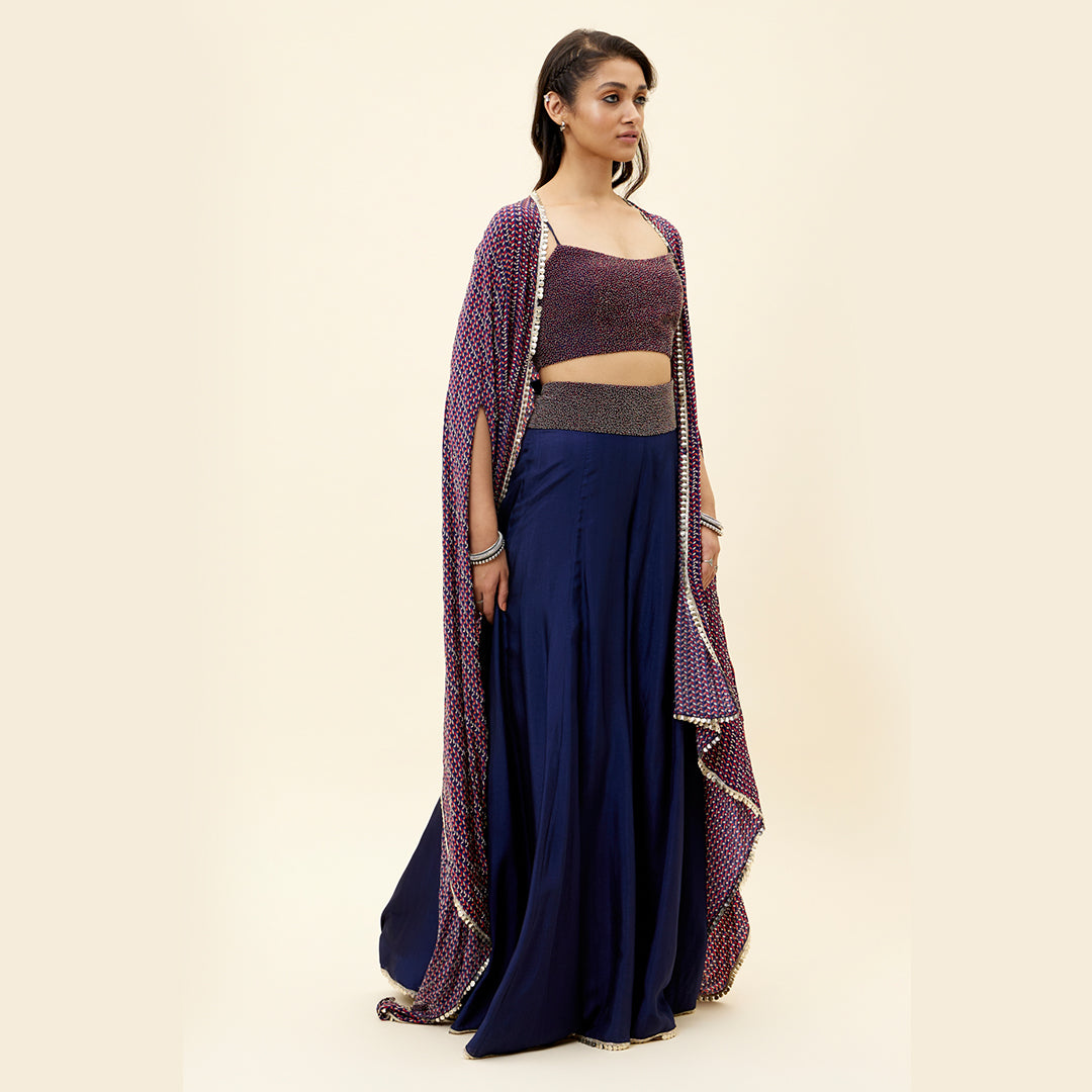 BLUE Russian Sharara With Embroidery Bustier And BLUE LEAF PRINT Highlighted Cape