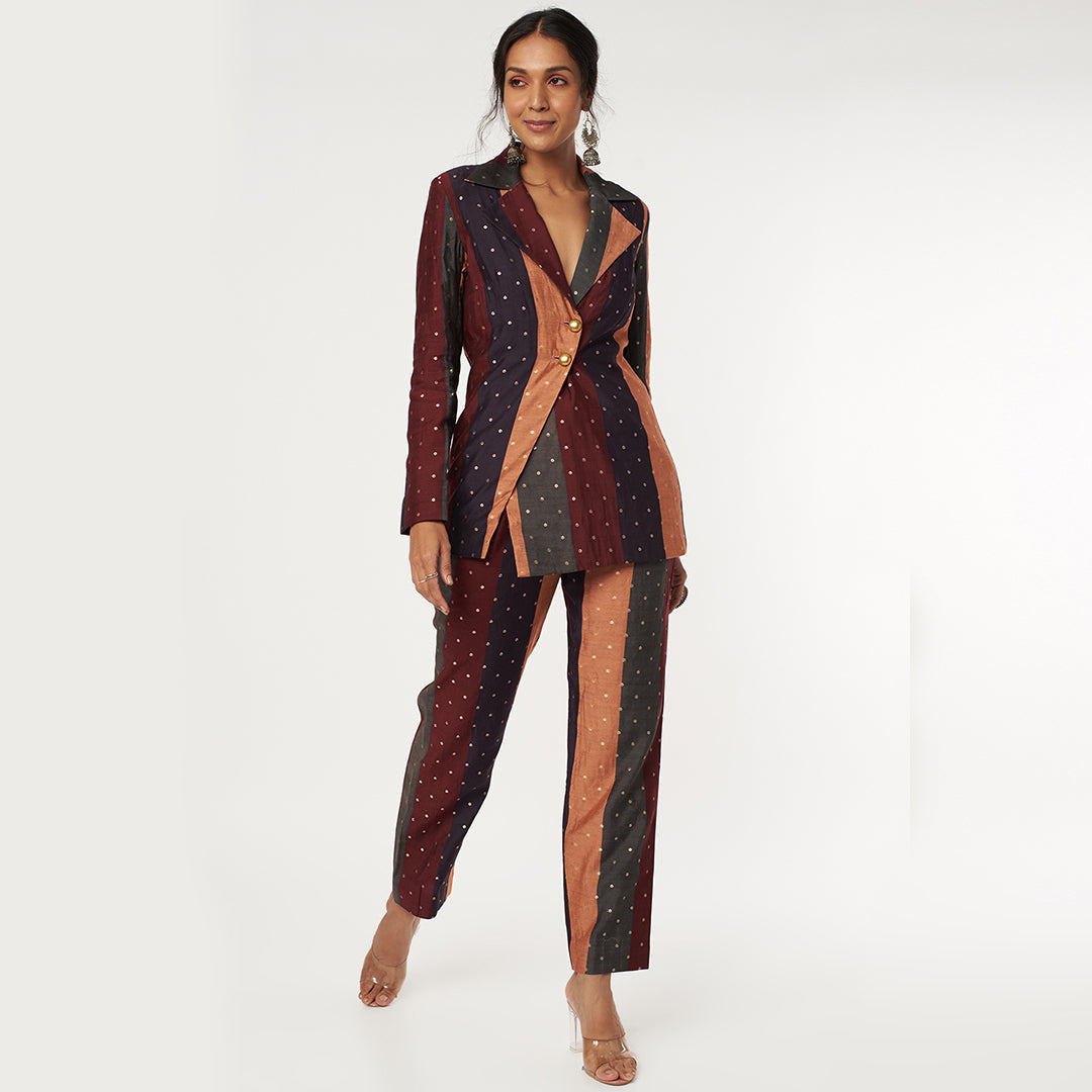 DARK STRIPE PRINT BANARSI SILK PANT SUIT SET