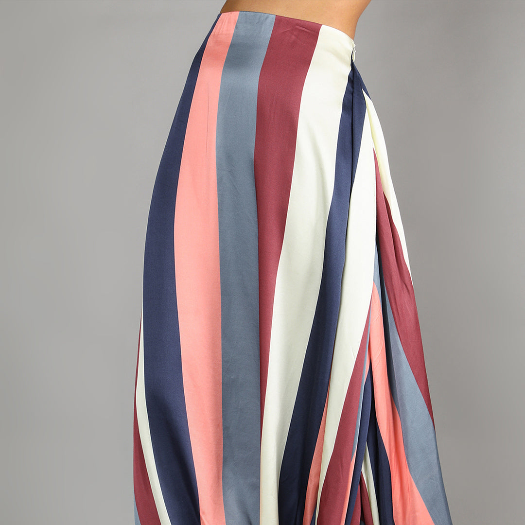 Stripe Print Bustier And Drape Skirt Paired With Jaali Print Chanderi Cape
