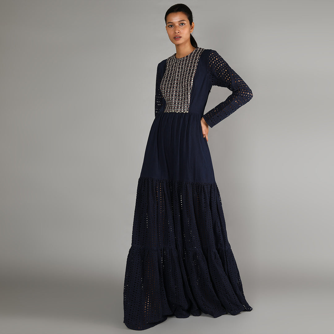 Dark Blue Denim Laser Cut Tiered Dress With Embellished Yoke
