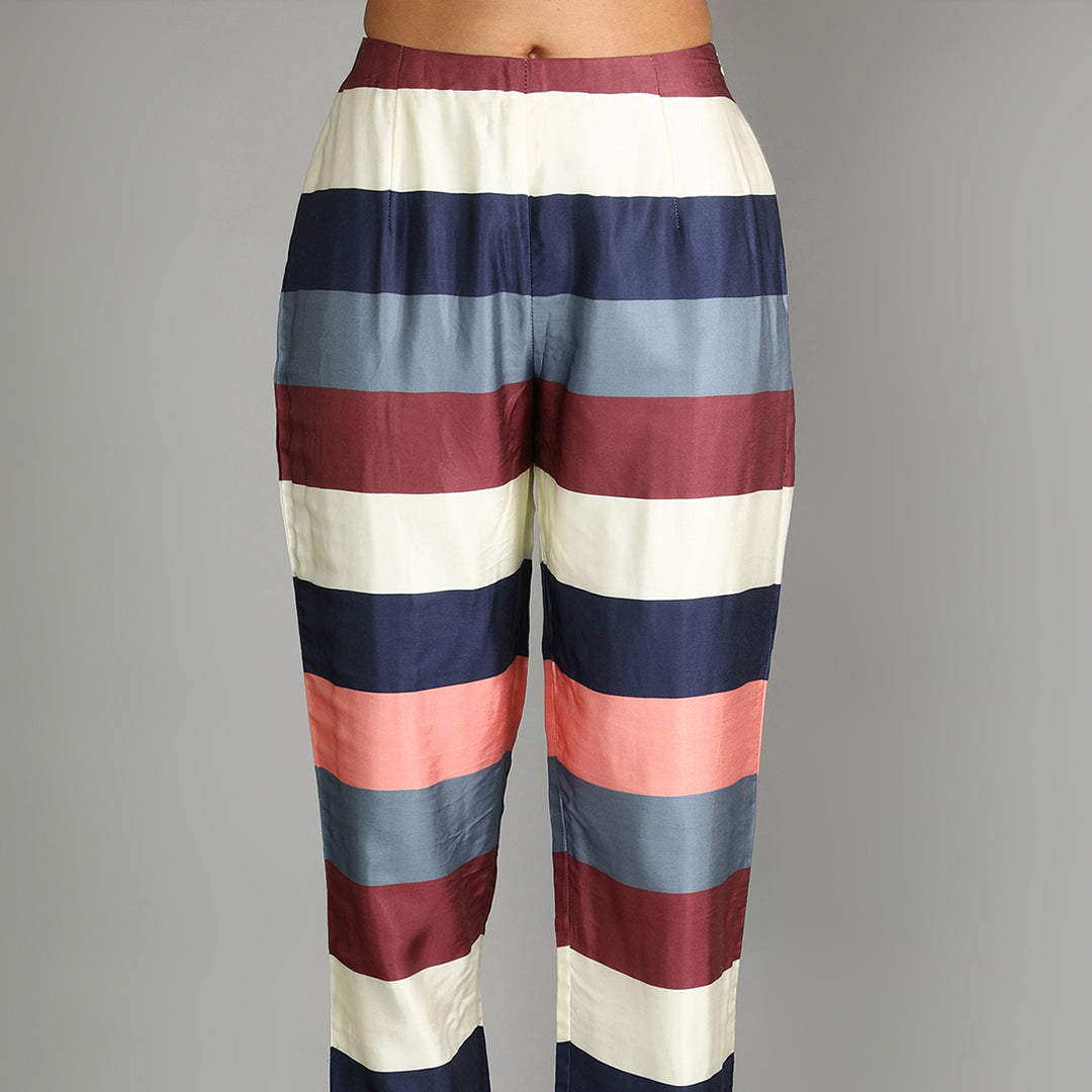 Stripe Print Drape Top With Straight Pants With Embroidery Detailing