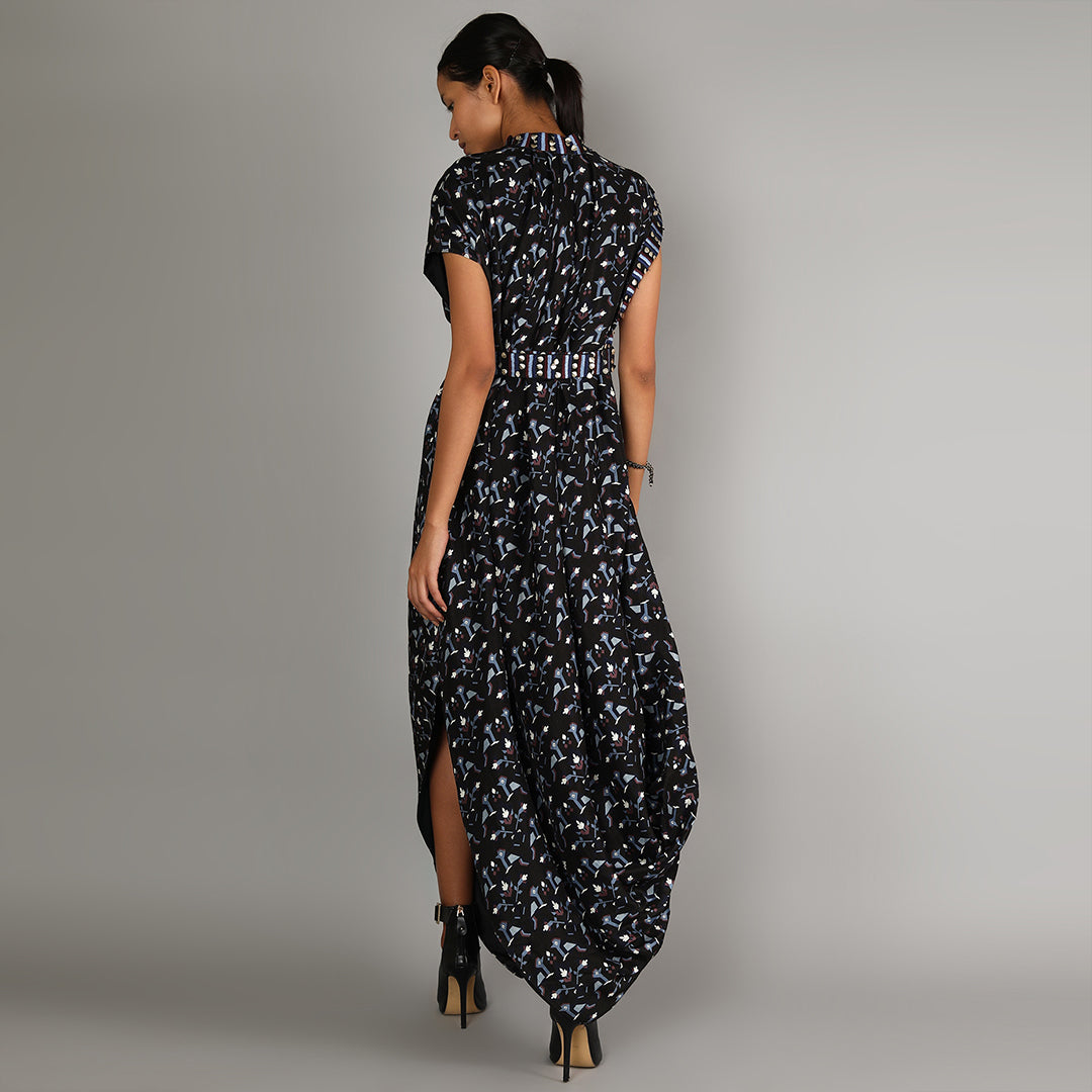Black Geometric Damask Print Drape Dress With Embroidery Detailing