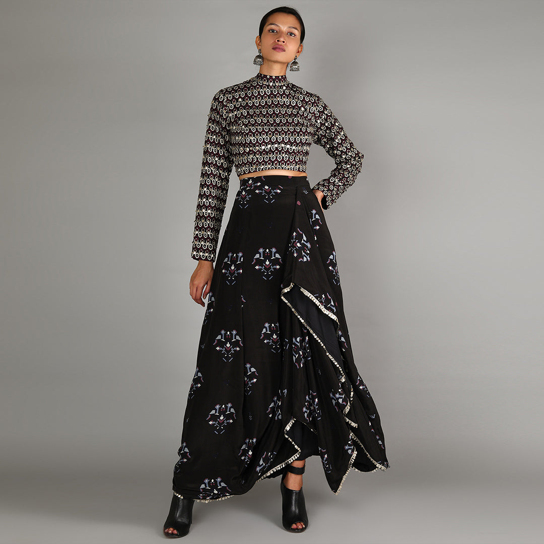 Black Embellished Crop Top With Black Bird Print Drape Skirt