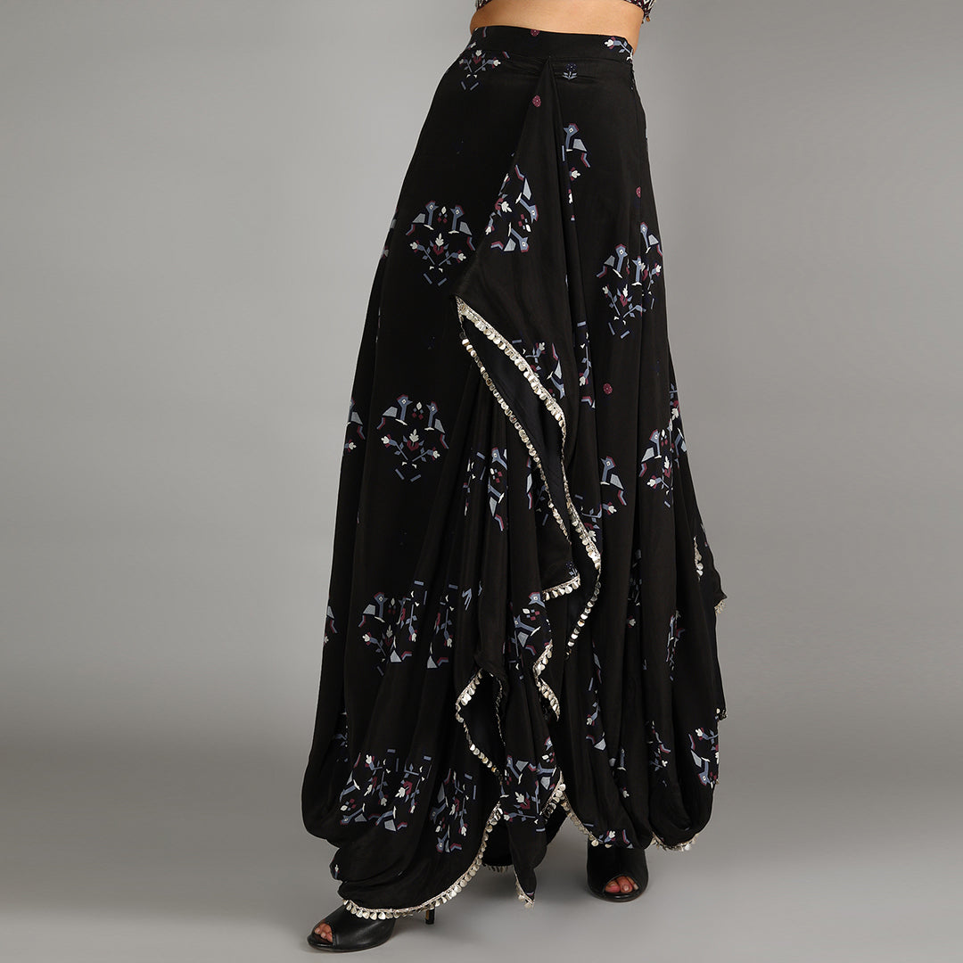 Black Embellished Crop Top With Black Bird Print Drape Skirt