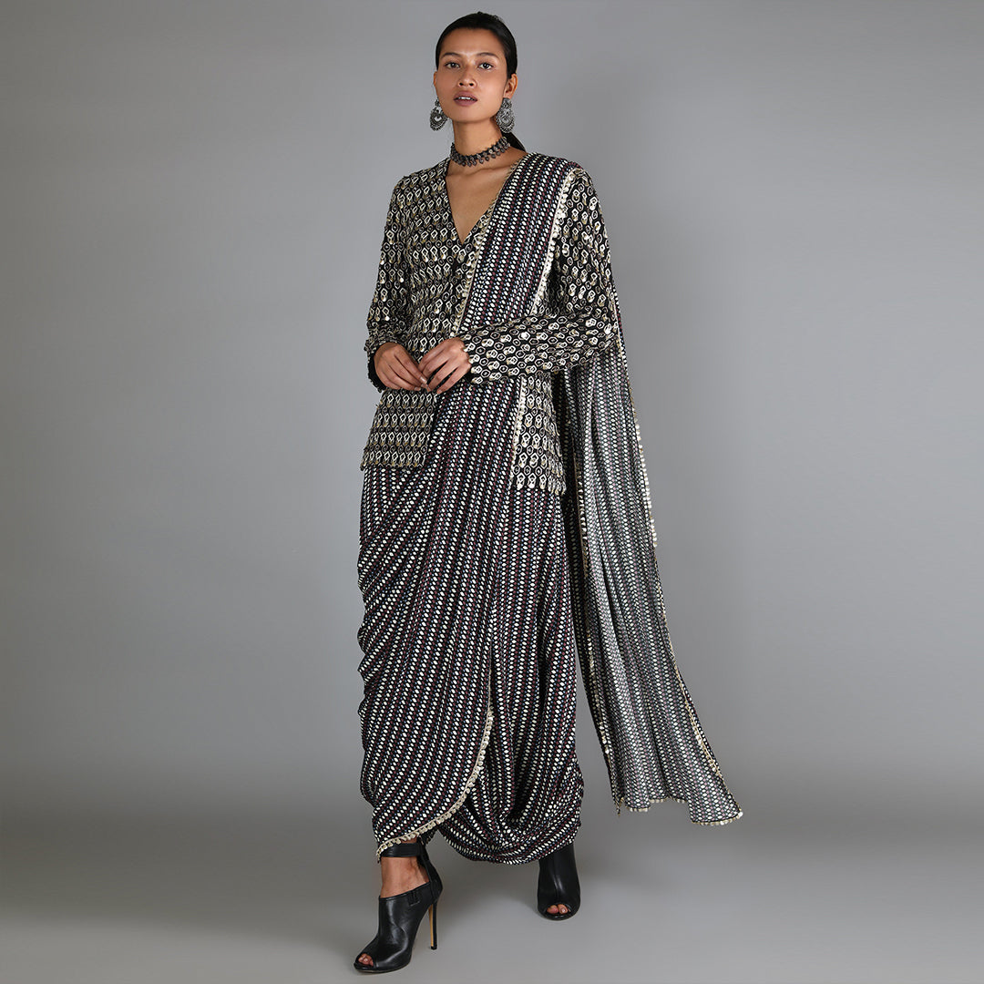 Black Jaali Print Drape Skirt With Attached Drape Paired With Black Embellished Jacket