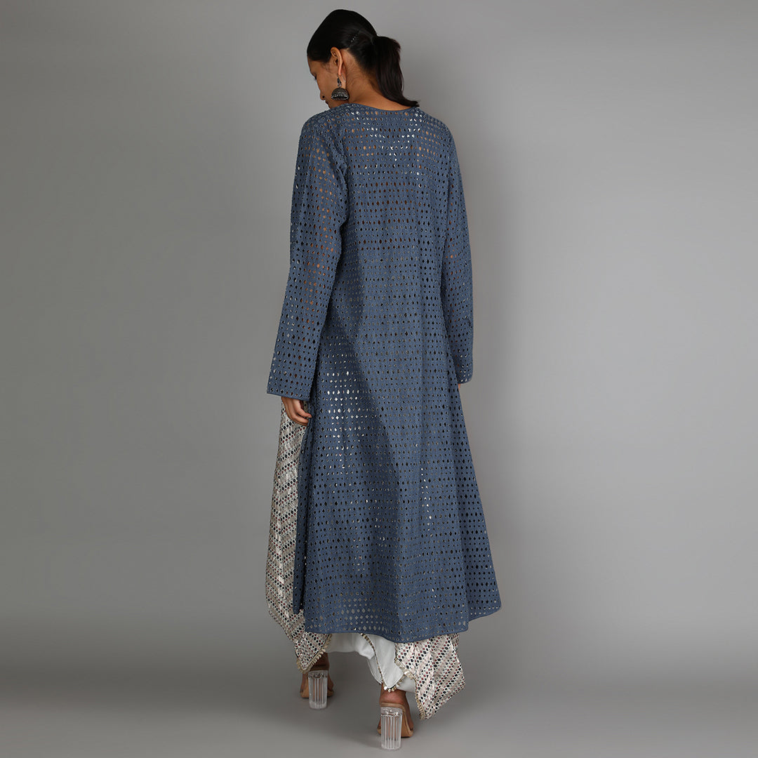 White Jaali Print Chanderi Drape Skirt With Printed Bustier Paired With Denim Laser Cut Jacket