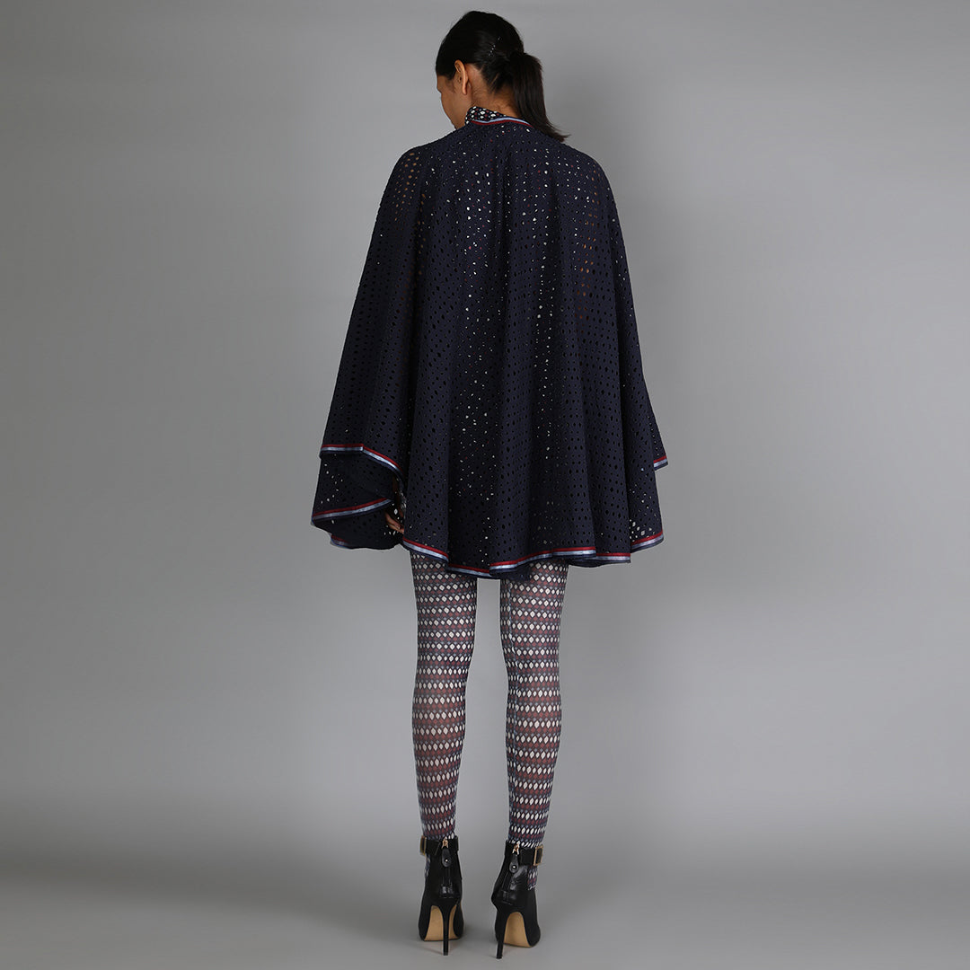 Denim Jaali Laser Cut Cape Top With Turtle Neck Jaali Print Top With Printed Stockings