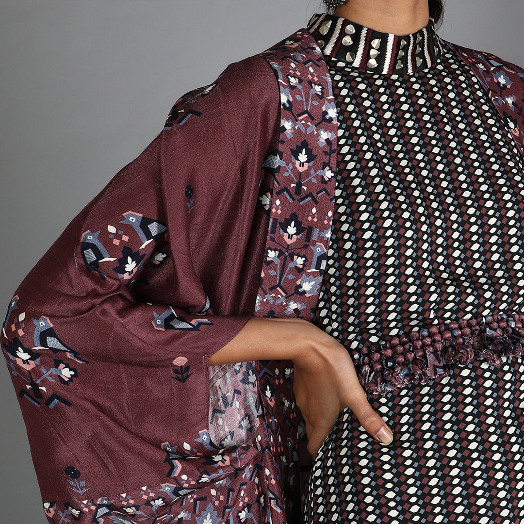 Black Jaali Print Drape Dress With Merlot Half Bird Print And Half Geometric Damask Print Cape With Embroidery Detailing