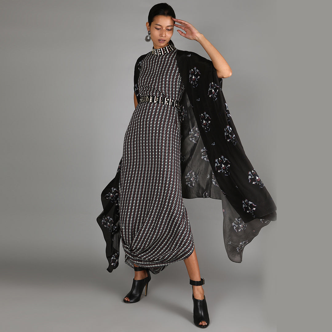 Black Jaali Print Drape Dress With Black Bird Print Cape
