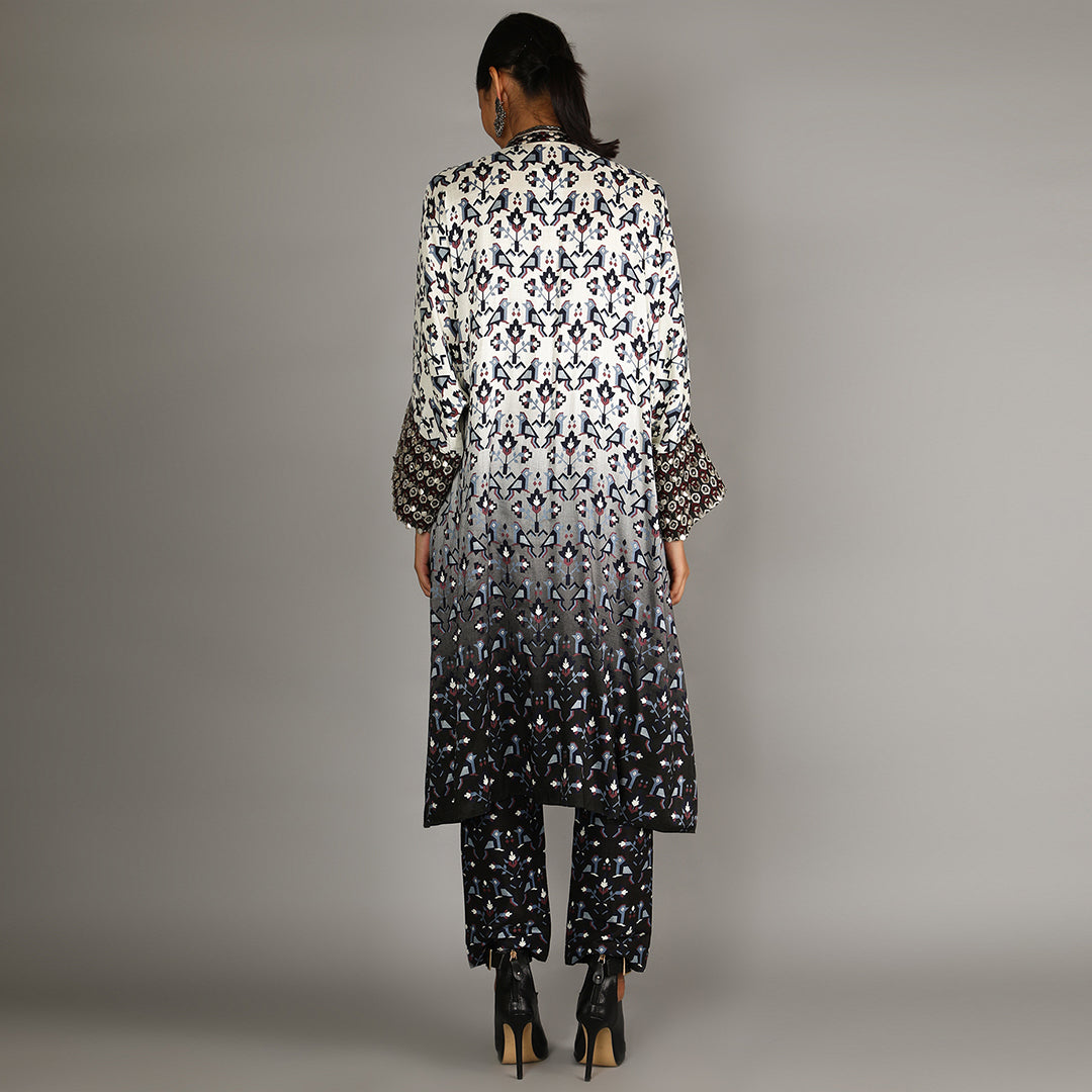 Black And White Ombre Geometric Damask Print Jacket With Black Geometric Damask Print Pant With Embroidery Detailing