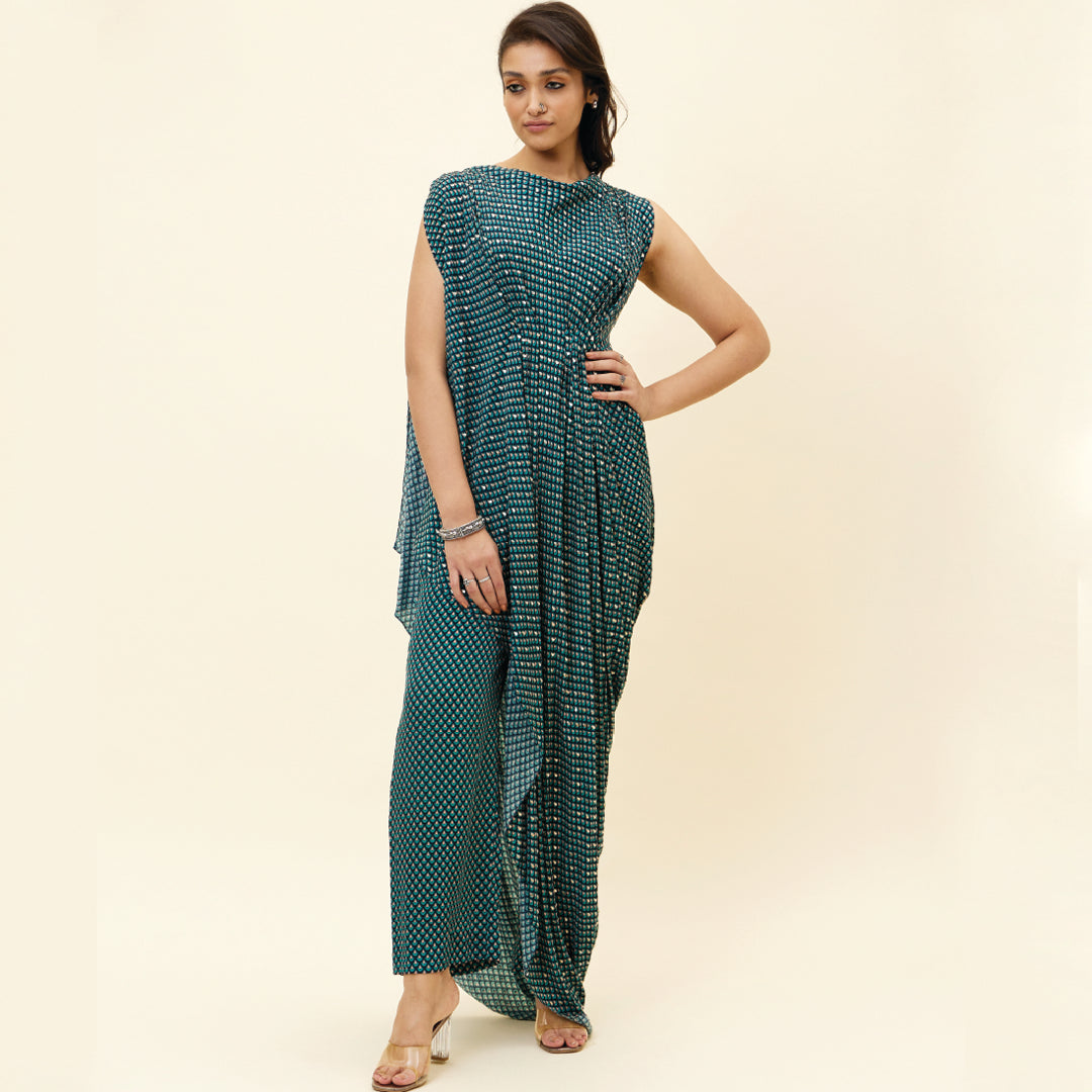 BLUE BUTTI PRINT EMELLISHED DRAPED TOP TEAMD WITH PANTS